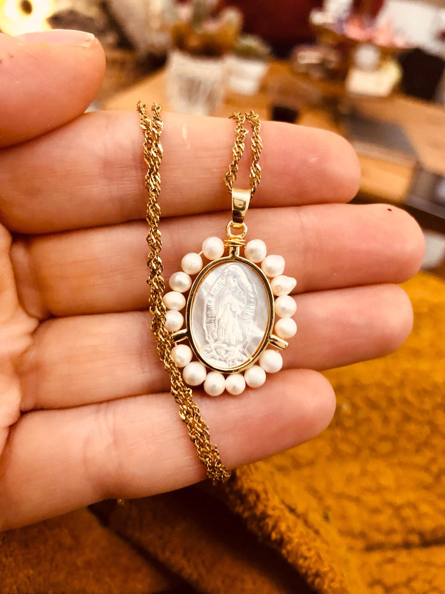 Gold Filled Mother of Pearl Virgin Mary Necklace, Gift For Mom.
