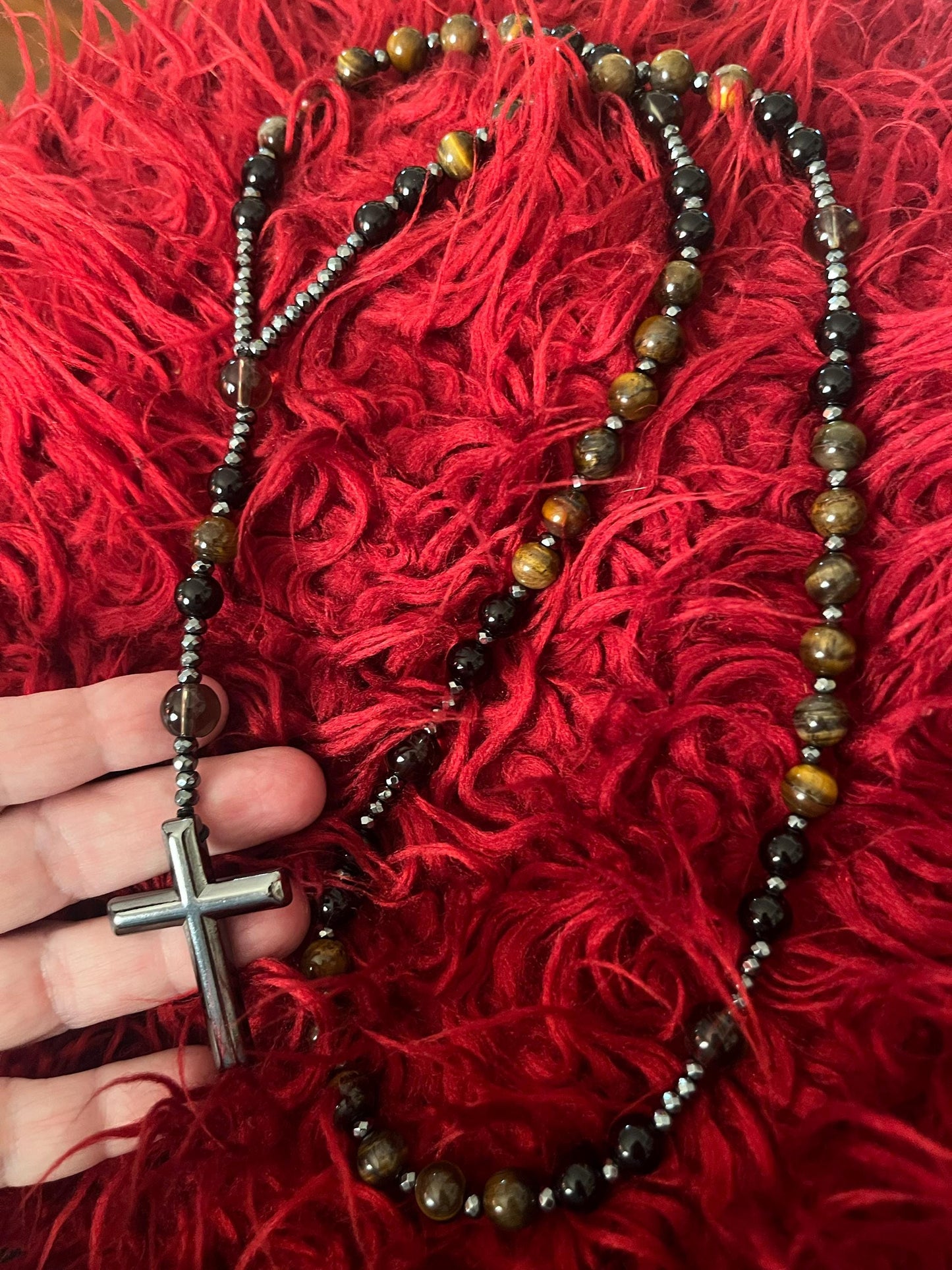 Natural Obsidian Tiger's Eye Rosary Necklace - Hematite Stone Cross Pendant Necklace Protection Necklace Amulet Gift for her, gift for him