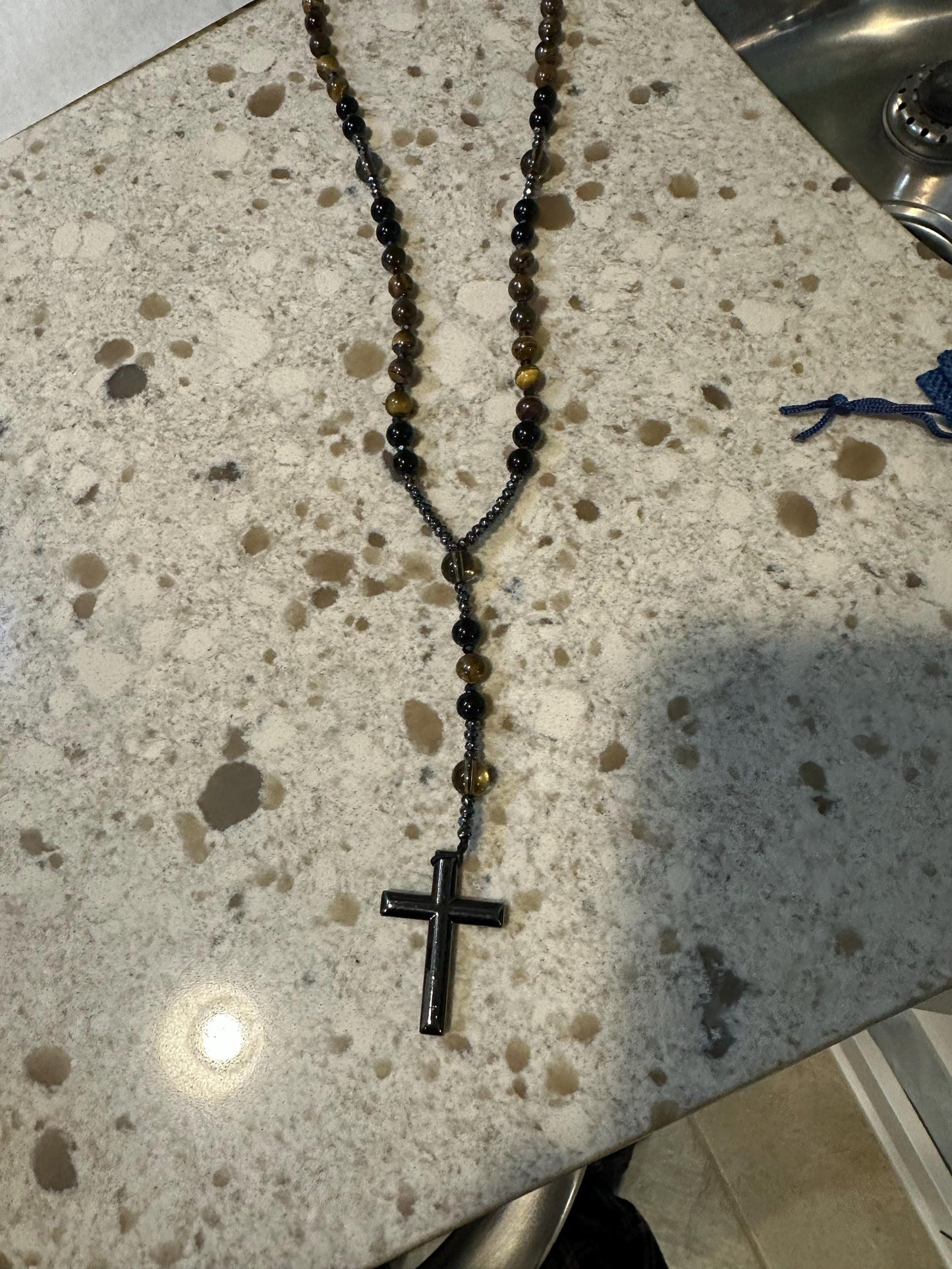 Natural Obsidian Tiger's Eye Rosary Necklace - Hematite Stone Cross Pendant Necklace Protection Necklace Amulet Gift for her, gift for him