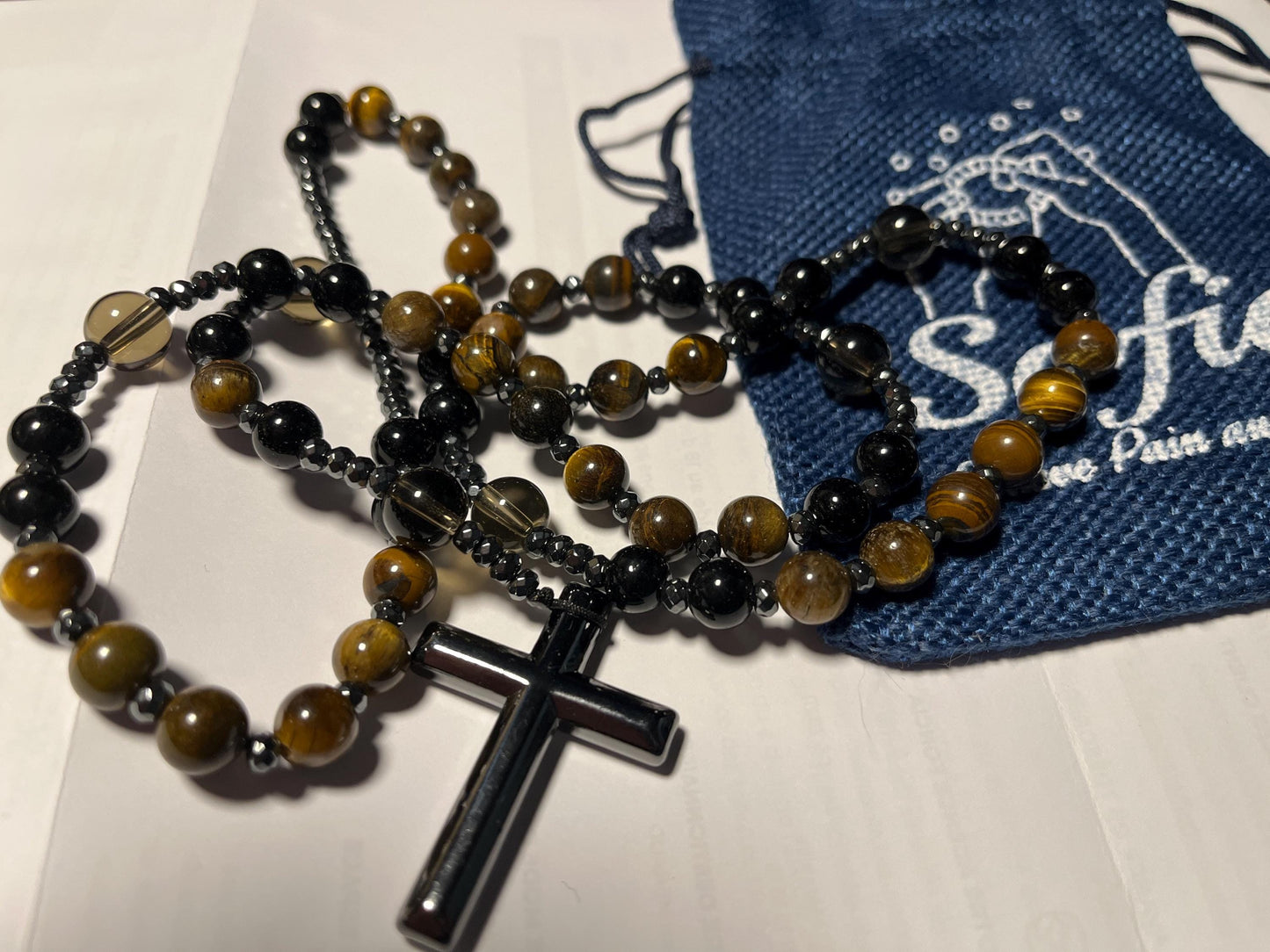 Natural Obsidian Tiger's Eye Rosary Necklace - Hematite Stone Cross Pendant Necklace Protection Necklace Amulet Gift for her, gift for him