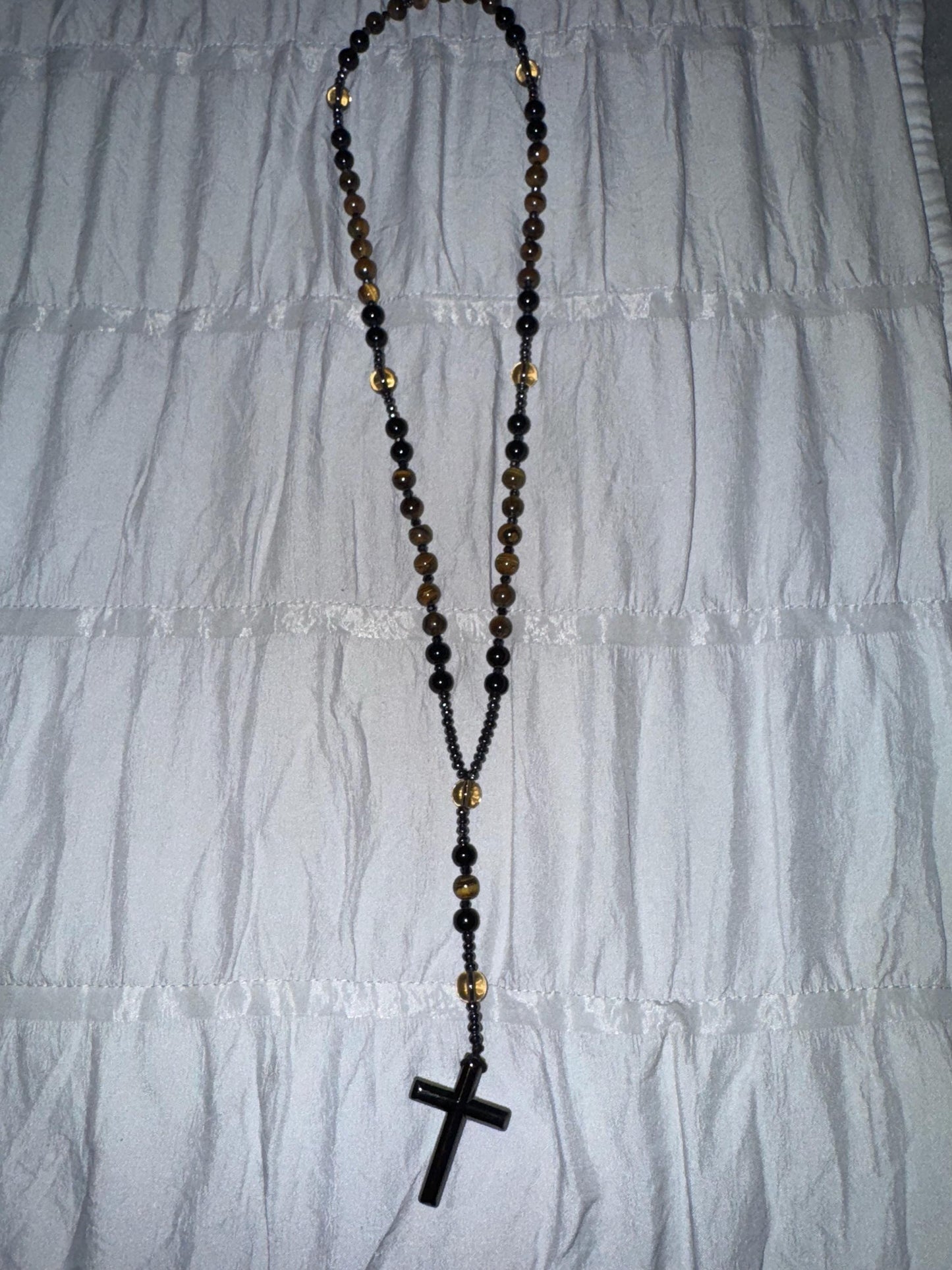 Natural Obsidian Tiger's Eye Rosary Necklace - Hematite Stone Cross Pendant Necklace Protection Necklace Amulet Gift for her, gift for him