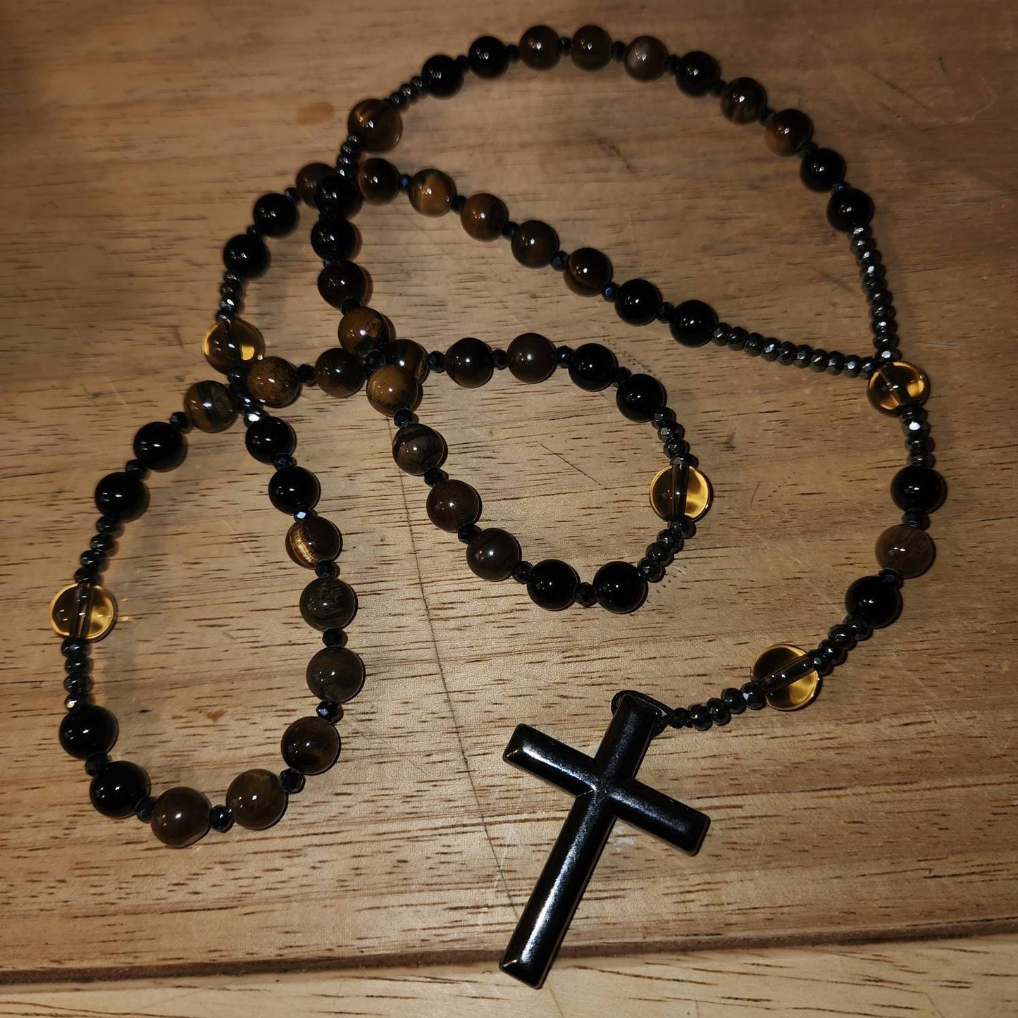 Natural Obsidian Tiger's Eye Rosary Necklace - Hematite Stone Cross Pendant Necklace Protection Necklace Amulet Gift for her, gift for him