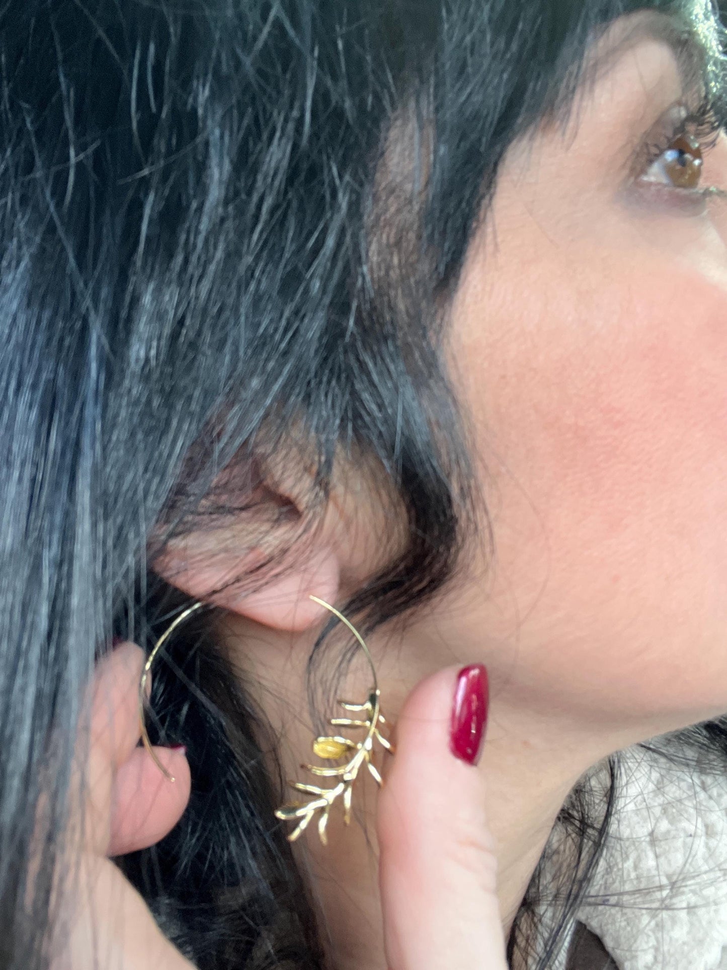 Rosemary Leaf Hoop Earrings, Gold Silver Leaf Hoop Earrings, Realistic Twig Branch Earrings, Gift for Best Friend, 30th Birthday Gift