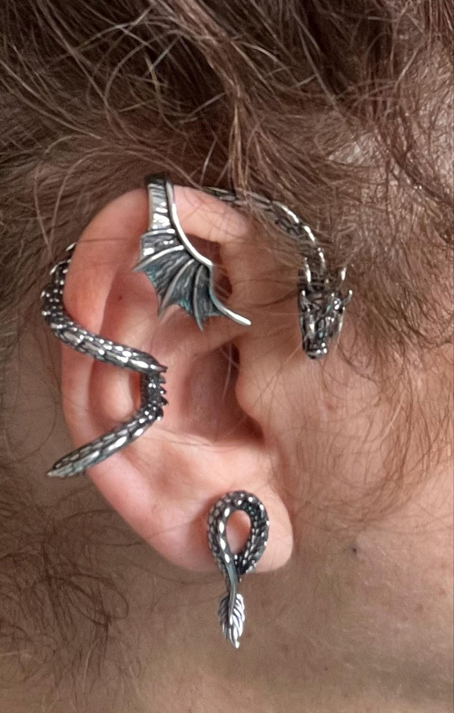 NO PIERCING Dragon cuff with large wing in Gold Dragon earrings, Dragon ear cuff, Black Dragon, Dragon ear wrap