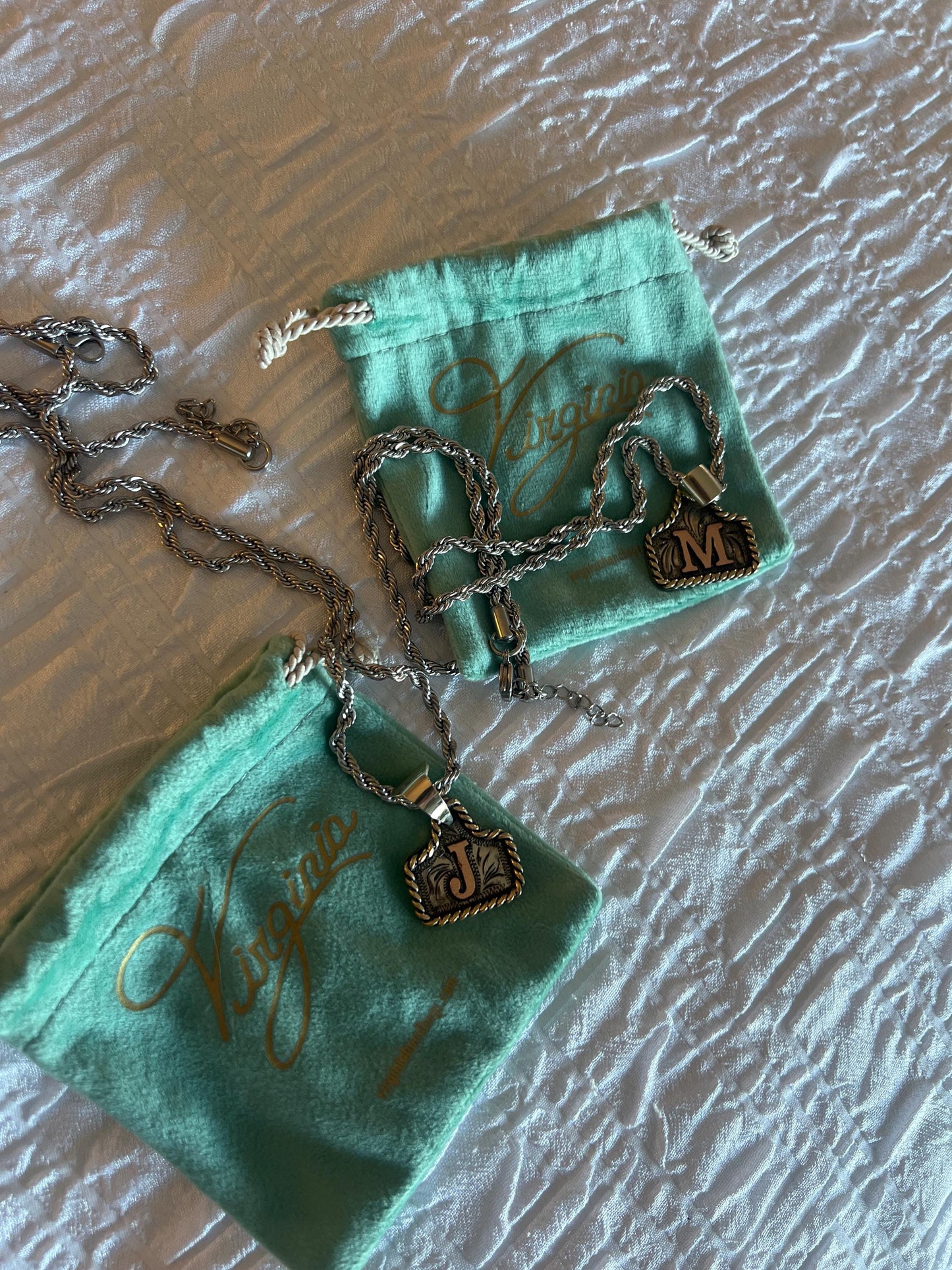 Cow Tag Necklace Handmade Personalized Initial Necklace, Handcrafted. Small Model. Comes with a 23" Stainless Steel Chain.