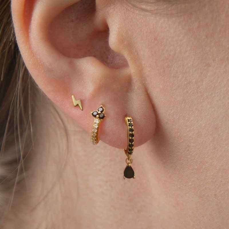 Black cz charm hoops - Dangle hoop earrings - Sterling Silver Minimalist earrings - Tiny Huggie hoop earring