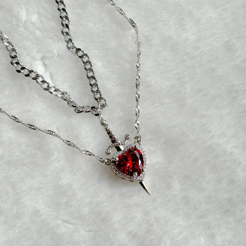 Heart and Sword Necklace - Couple Necklaces - 2pcs Necklace - Silver Plated