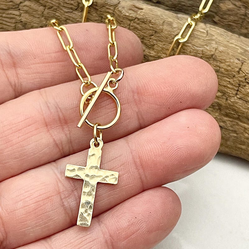 14k gold filled hammered cross necklace, confirmation gift, baptism gift, paperclip chain toggle charm necklace, gift for women