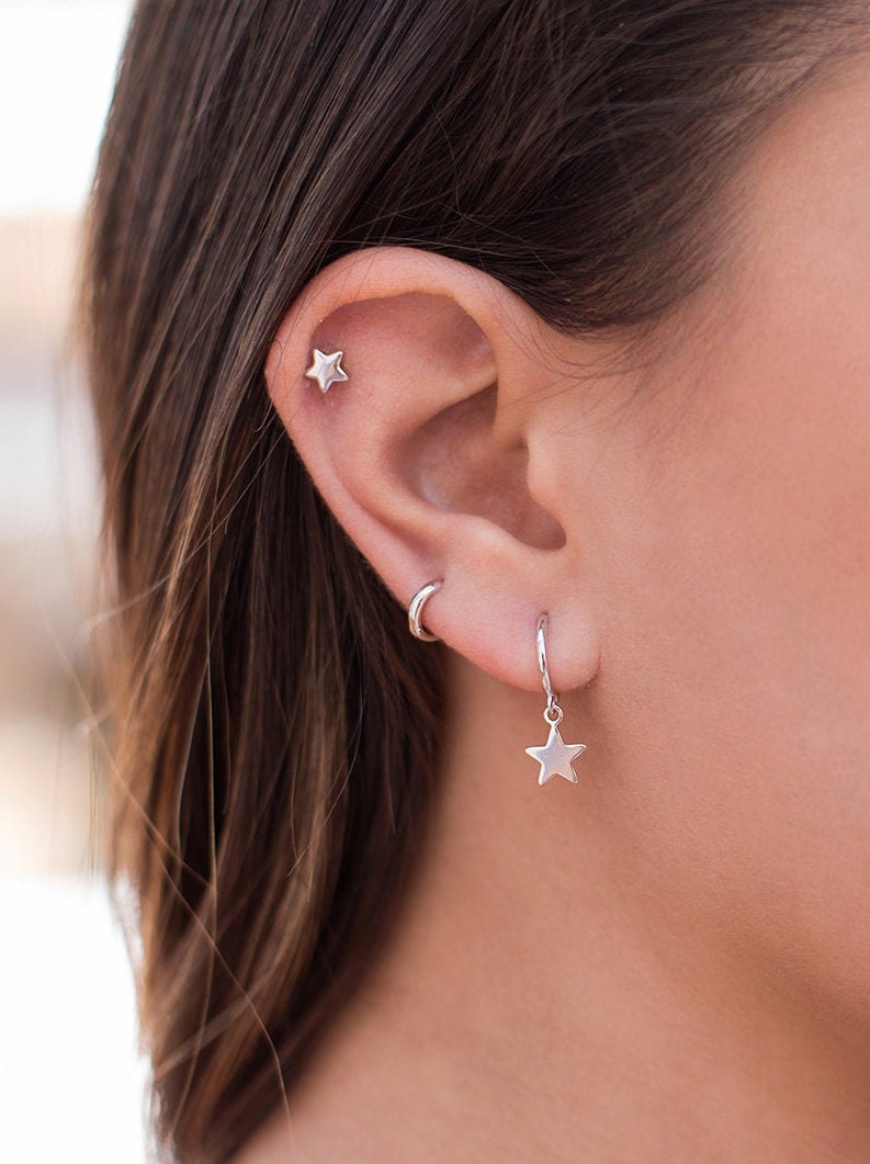 Minimalist & Tiny Second Hole Helix Silver Hoop Earrings - Two sizes available: 6 mm and 9 mm