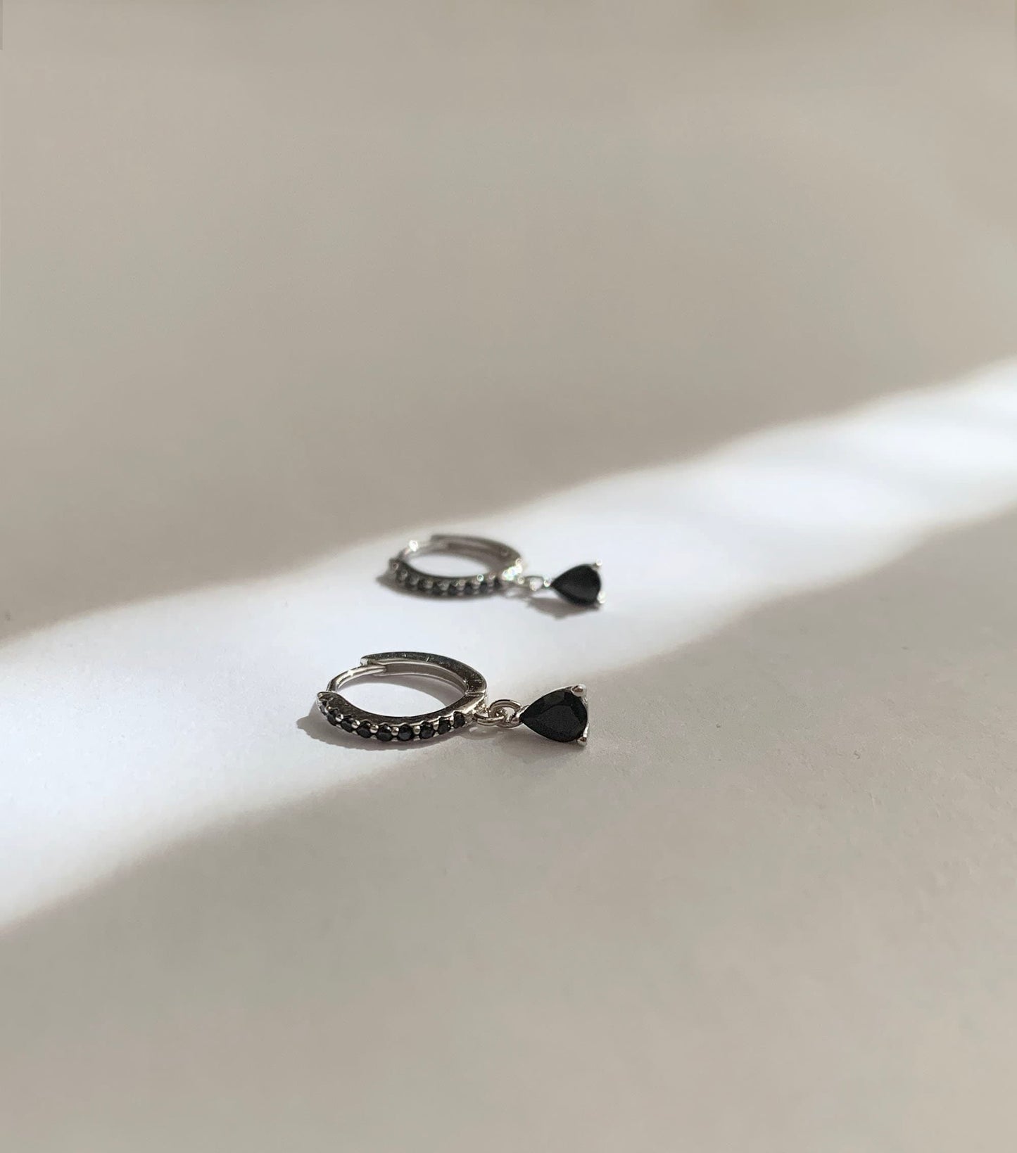 Black cz charm hoops - Dangle hoop earrings - Sterling Silver Minimalist earrings - Tiny Huggie hoop earring