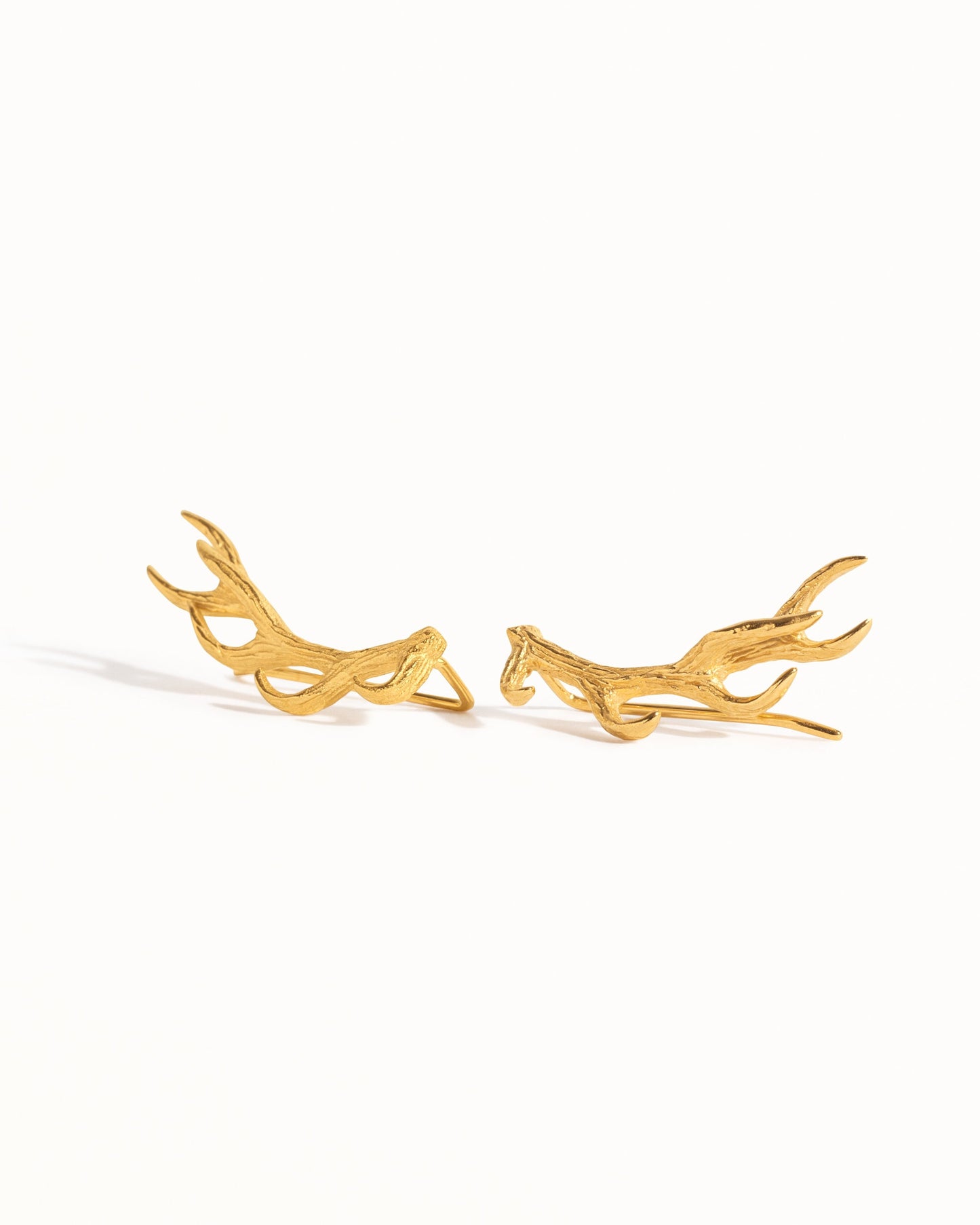 Golden Horns Ear Cuff Earrings • Deer Sterling Silver Ear Crawler • Gypsy Antler Earpin Earring • Boho 925 Jewelry Gift - FES006