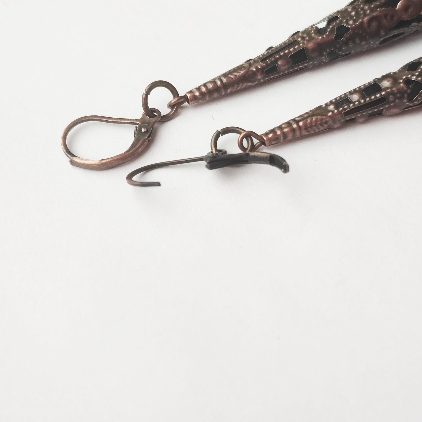 Gothic filigree long cone earrings genuine leather, Flower victorian dangle earrings, White, black, beige, Handmade jewelry, Gift for woman