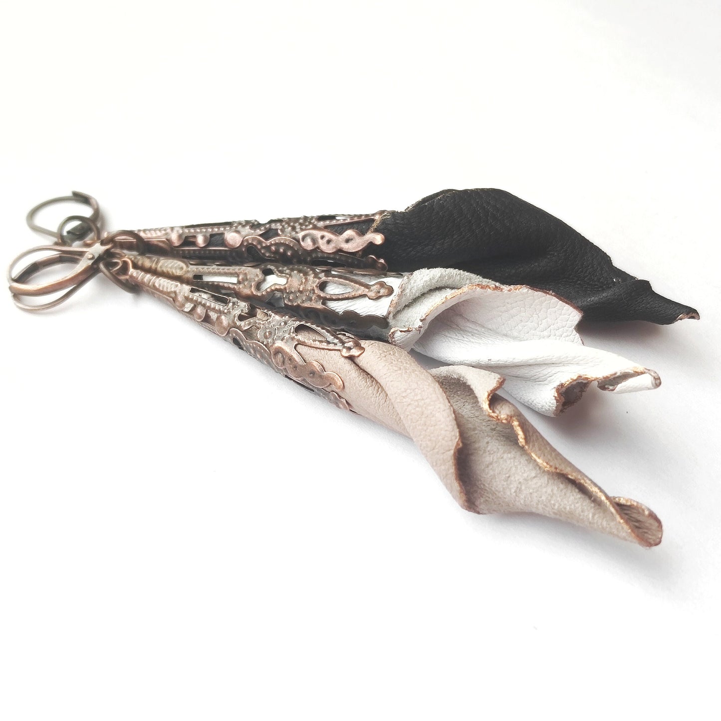 Gothic filigree long cone earrings genuine leather, Flower victorian dangle earrings, White, black, beige, Handmade jewelry, Gift for woman