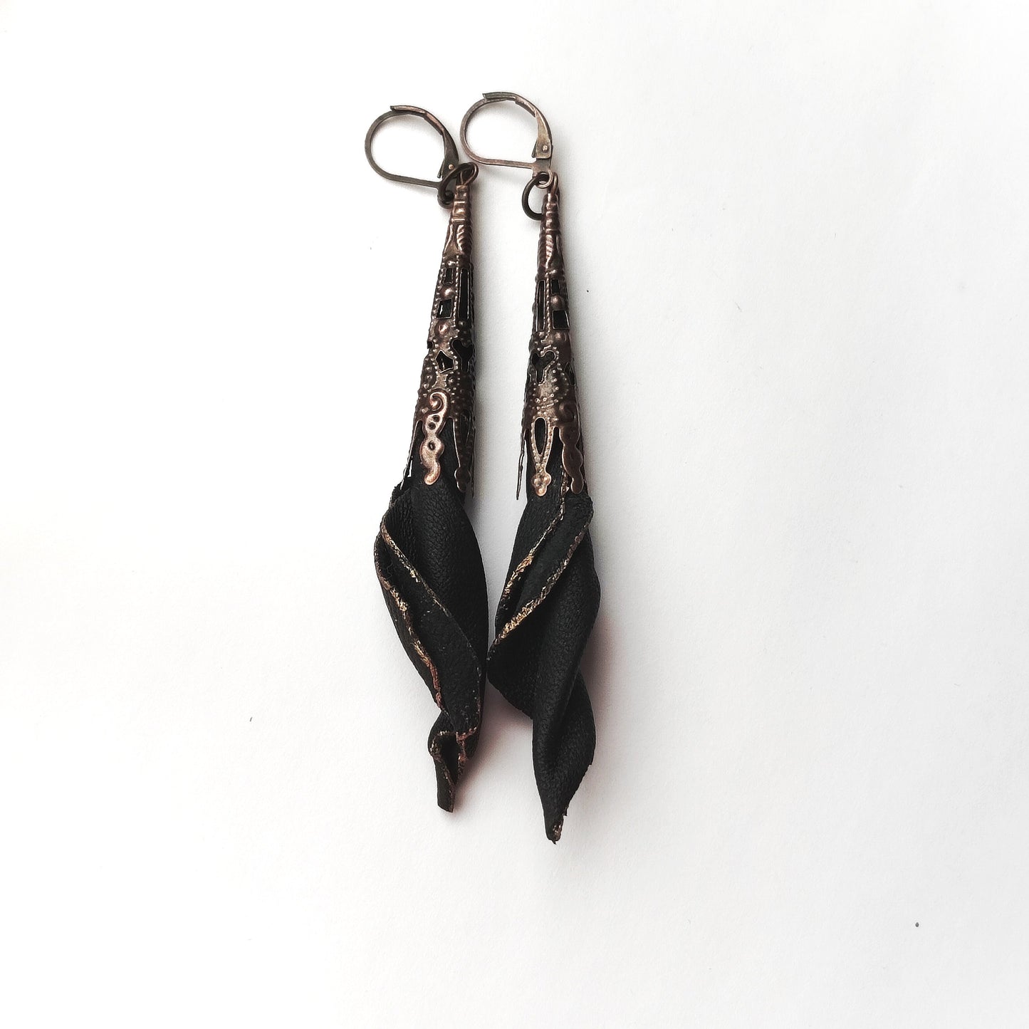 Gothic filigree long cone earrings genuine leather, Flower victorian dangle earrings, White, black, beige, Handmade jewelry, Gift for woman