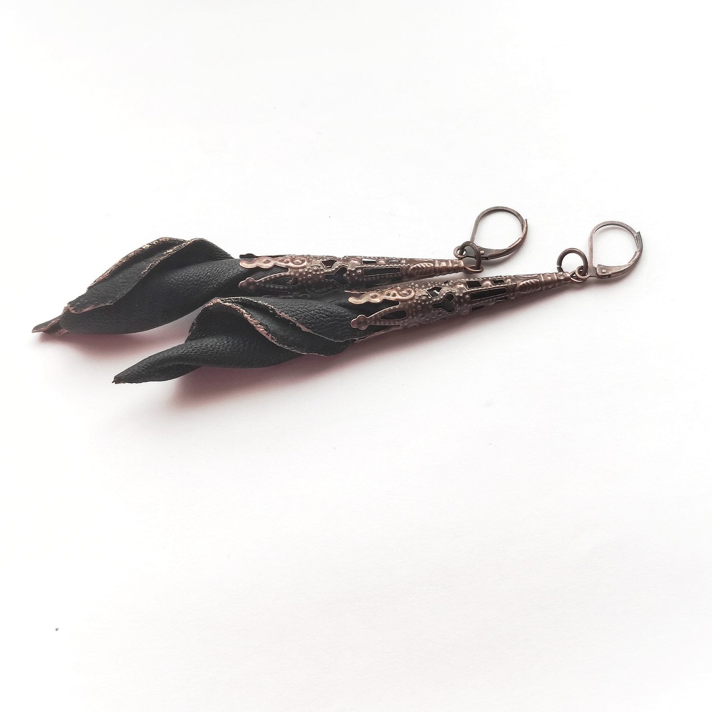 Gothic filigree long cone earrings genuine leather, Flower victorian dangle earrings, White, black, beige, Handmade jewelry, Gift for woman