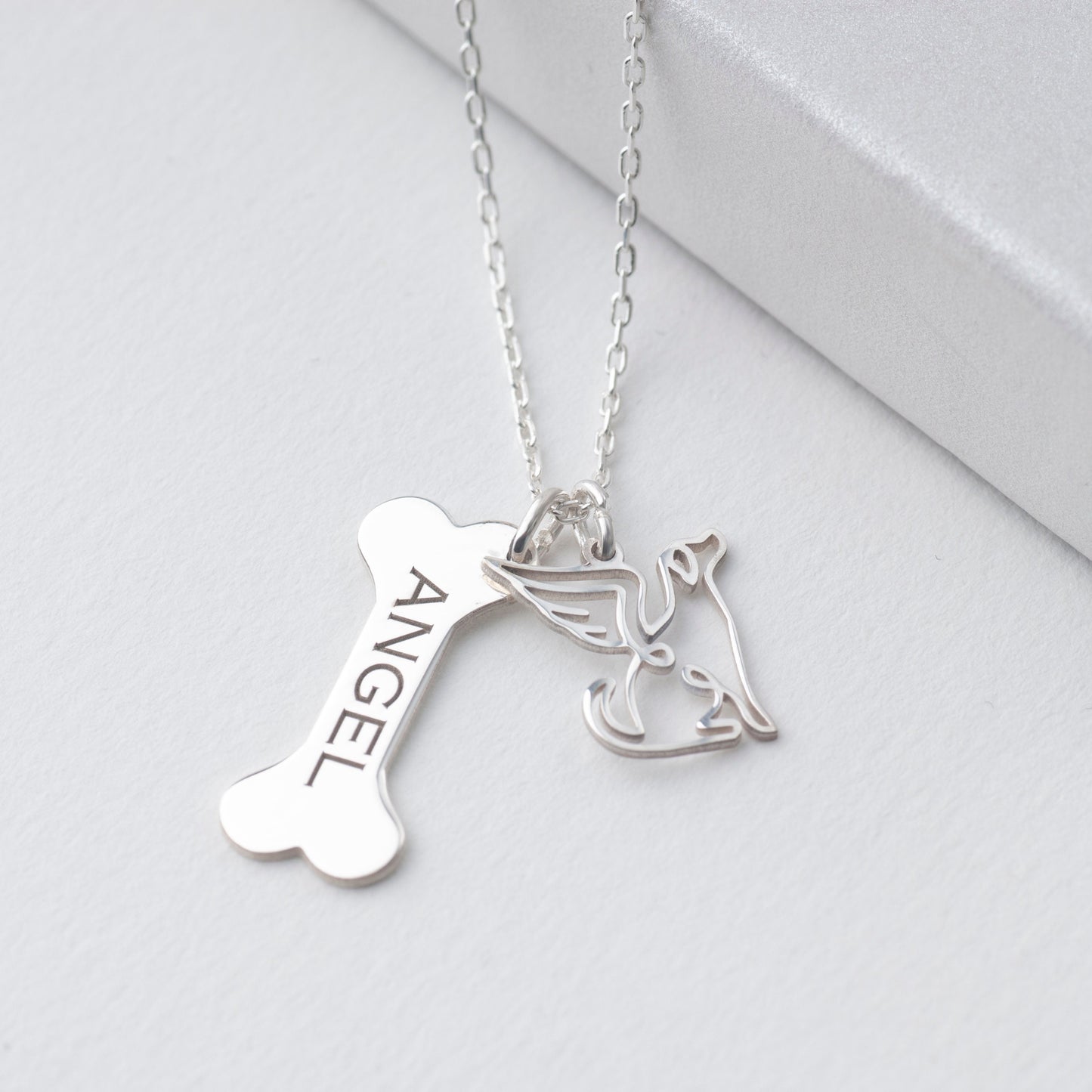 Custom Dog Name Necklace, Bone Necklace with Angel Charm, Pet Dog Loss Memorial Necklace, Pet Lover Gift, Dog Necklace for Dog Mother