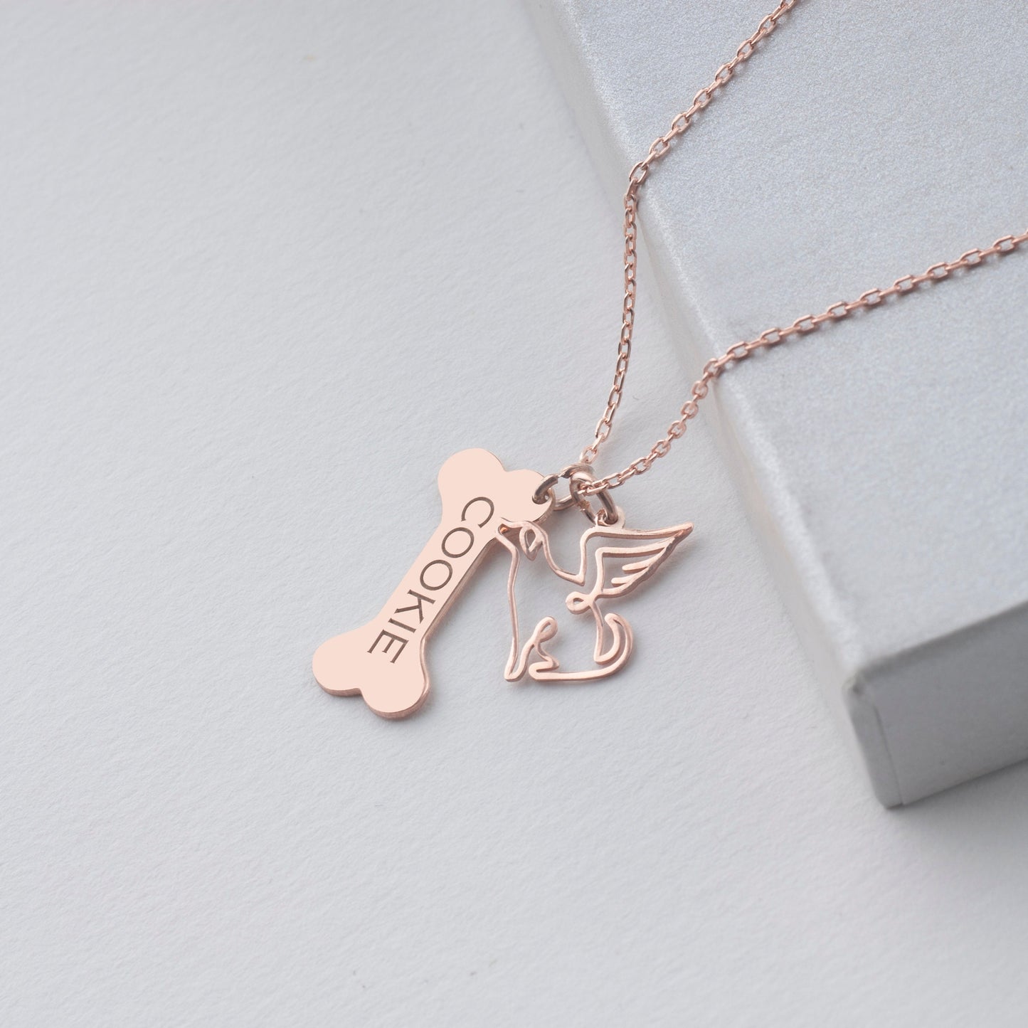 Custom Dog Name Necklace, Bone Necklace with Angel Charm, Pet Dog Loss Memorial Necklace, Pet Lover Gift, Dog Necklace for Dog Mother