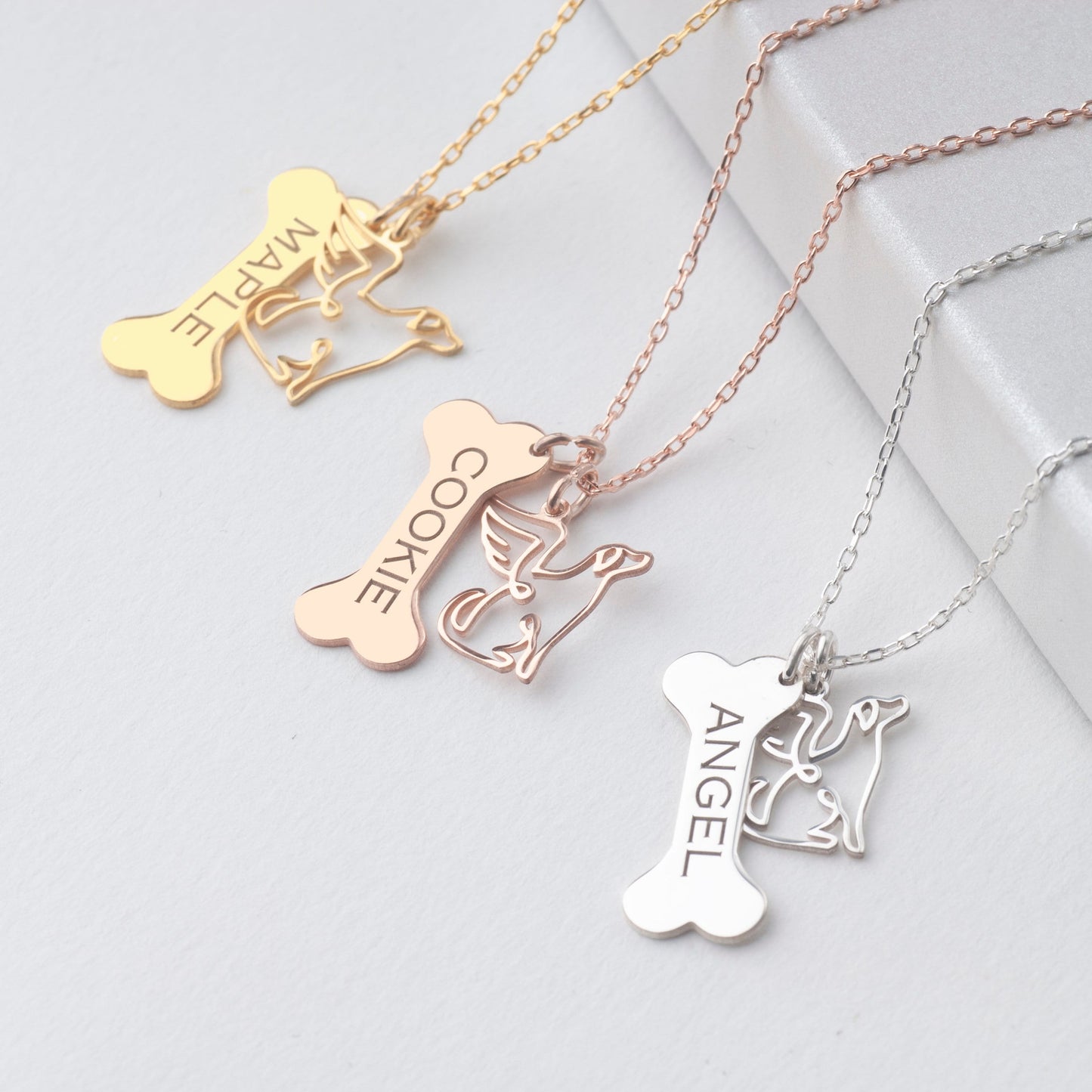 Custom Dog Name Necklace, Bone Necklace with Angel Charm, Pet Dog Loss Memorial Necklace, Pet Lover Gift, Dog Necklace for Dog Mother