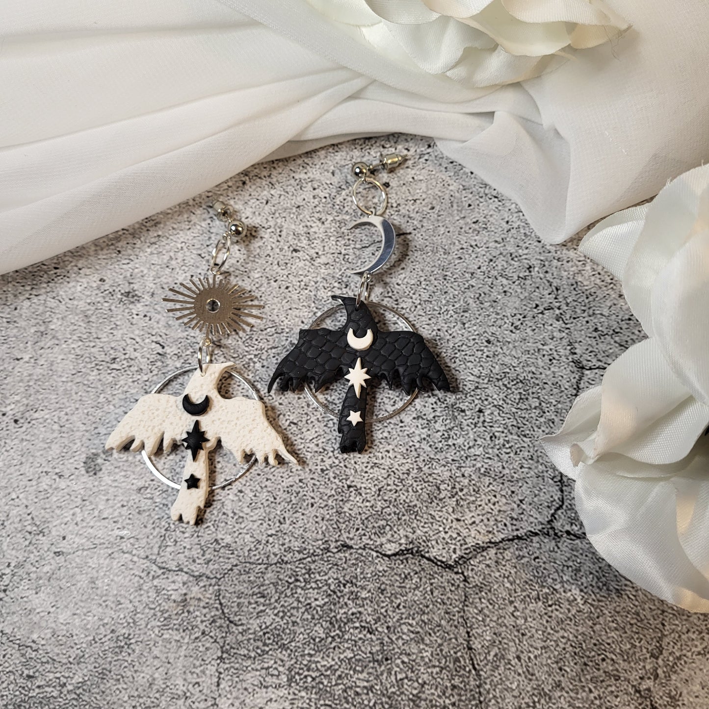 Asymmetrical Celestial Raven Earrings, Mismatched Raven Earrings, Corvid Earrings, Corvid jewelry, Crow jewelry, Goth earrings, Bird jewelry
