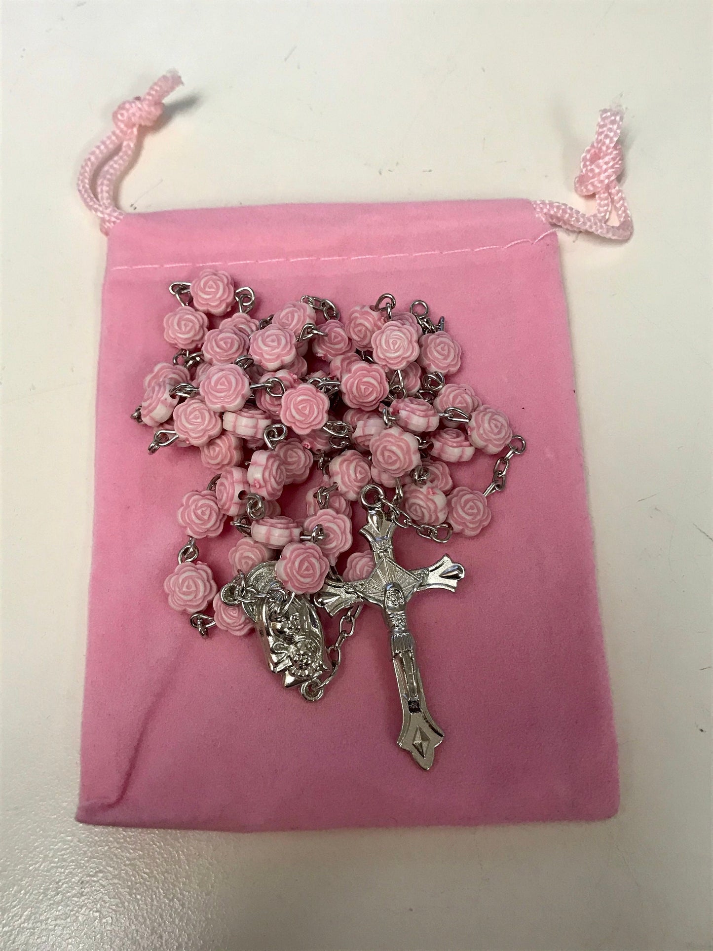 Pink Rosebud Rosary Necklace, Catholic Handmade Cross Necklace with Flannel Bag, Memorial Gift for Women