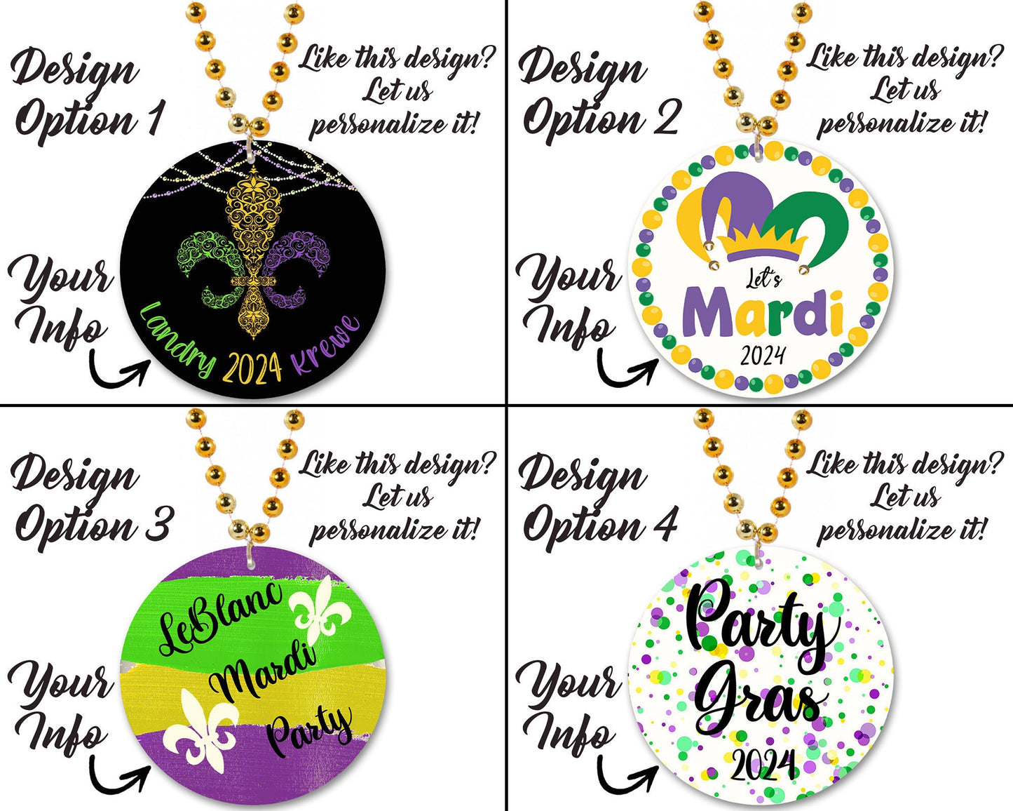 SINGLE-SIDED Mardi Gras Necklace Medallions - Customized with Full Color artwork (use a pre-made design or send in your own). Bulk packs.