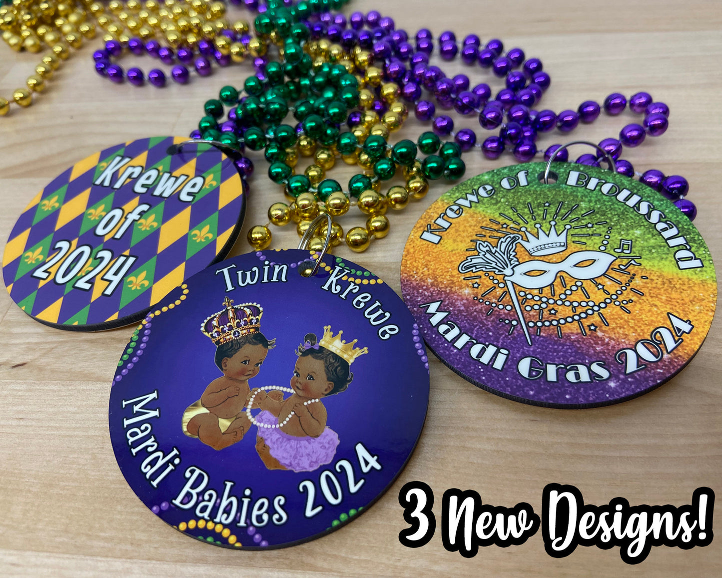 SINGLE-SIDED Mardi Gras Necklace Medallions - Customized with Full Color artwork (use a pre-made design or send in your own). Bulk packs.