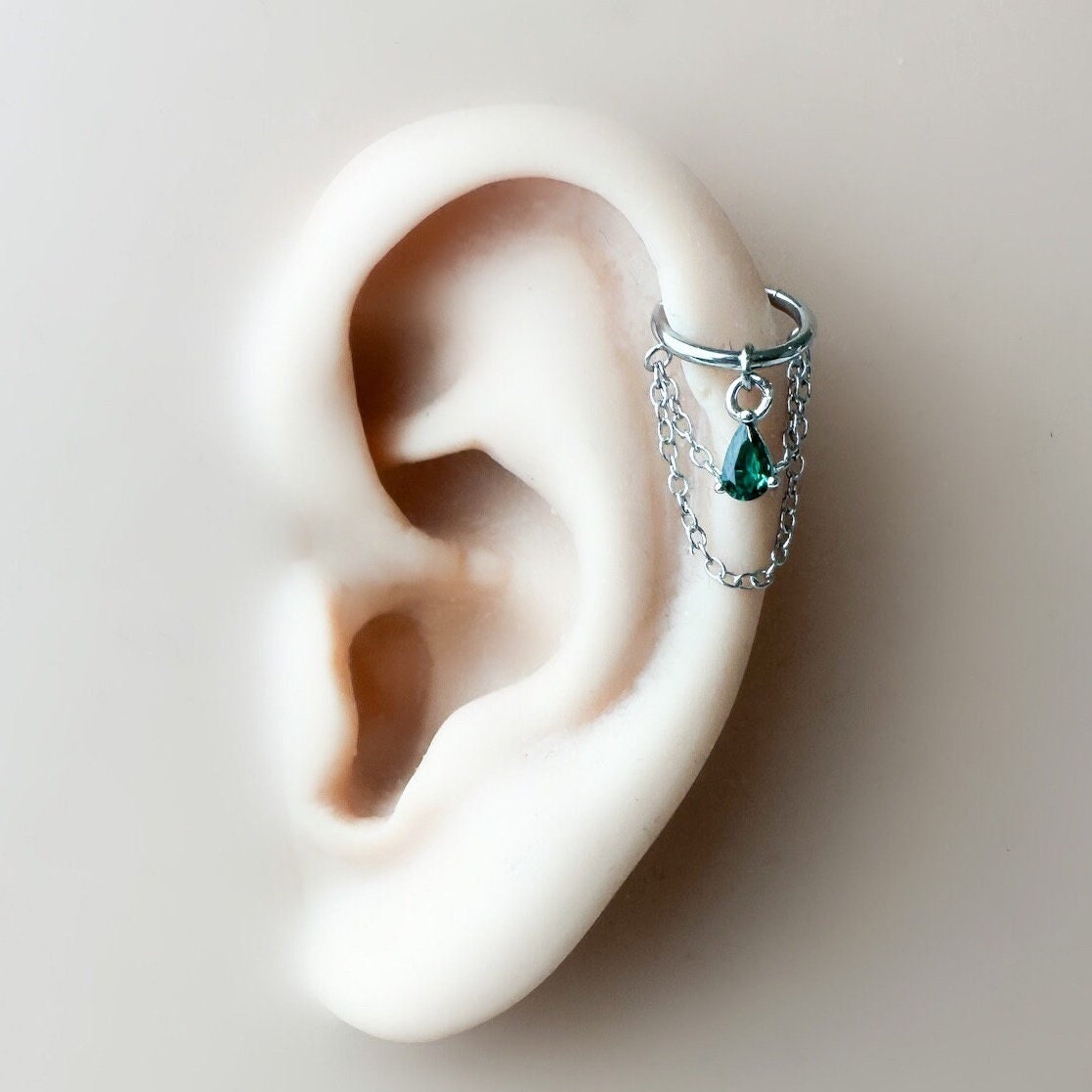 6mm-12mm Dainty Emerald Teardrop Double Chain Helix Piercing, hoop huggies, chain earrings, helix hoops, 16g 18g stainless