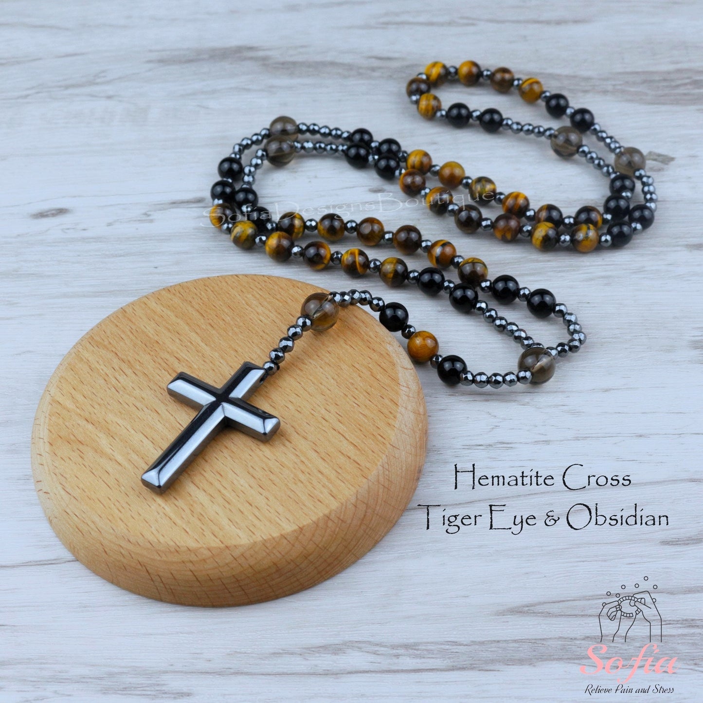 Natural Obsidian Tiger's Eye Rosary Necklace - Hematite Stone Cross Pendant Necklace Protection Necklace Amulet Gift for her, gift for him