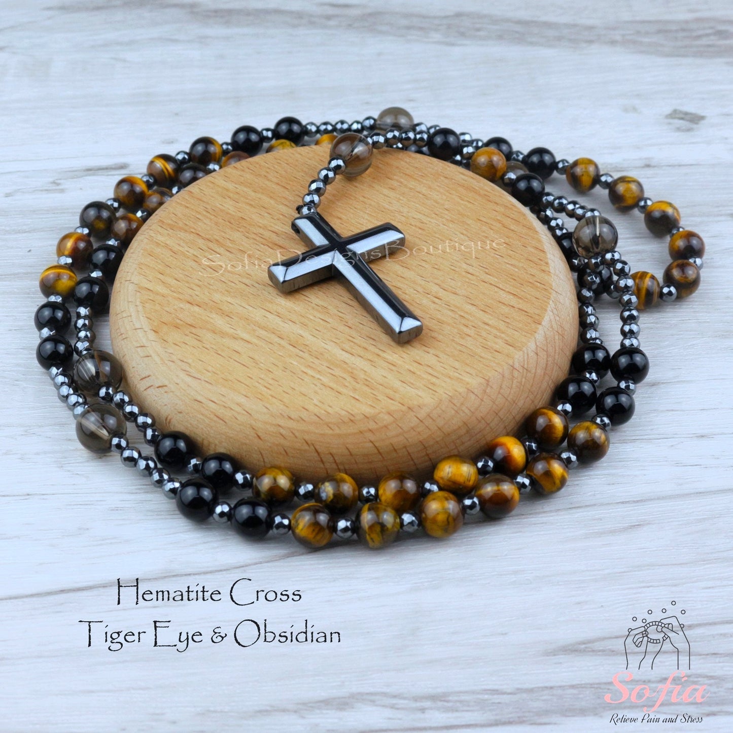 Natural Obsidian Tiger's Eye Rosary Necklace - Hematite Stone Cross Pendant Necklace Protection Necklace Amulet Gift for her, gift for him