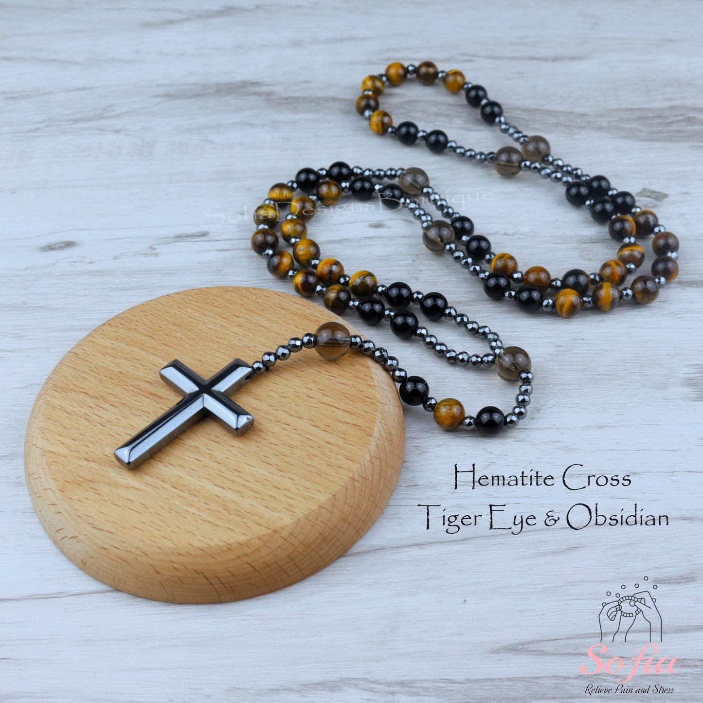 Natural Obsidian Tiger's Eye Rosary Necklace - Hematite Stone Cross Pendant Necklace Protection Necklace Amulet Gift for her, gift for him