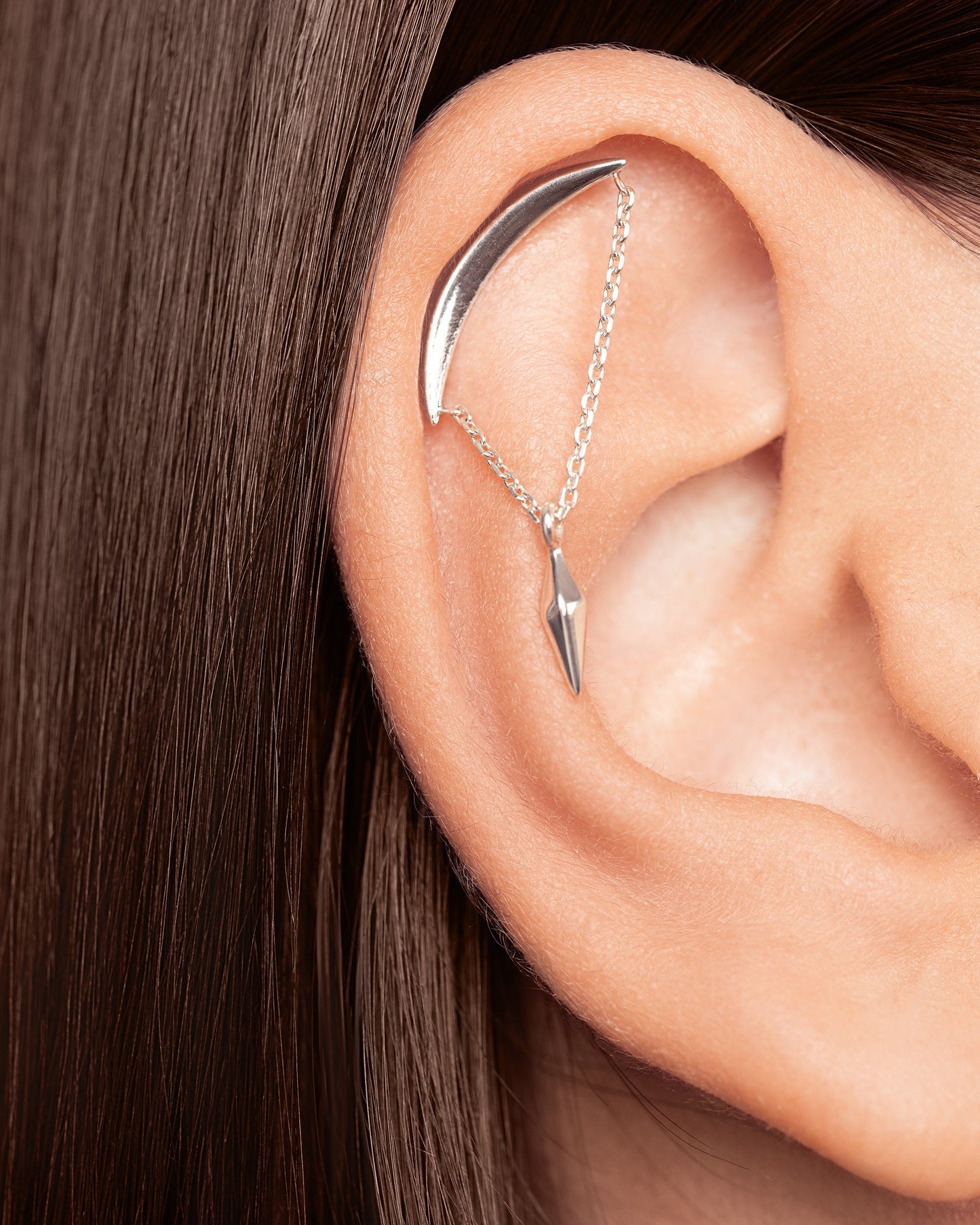 Top Helix Chain Piercing • Hanging Pendulum Helix Earring • Crescent Moon Cartilage Earring • 18G 16G • Silver Hidden Helix - CRT012
