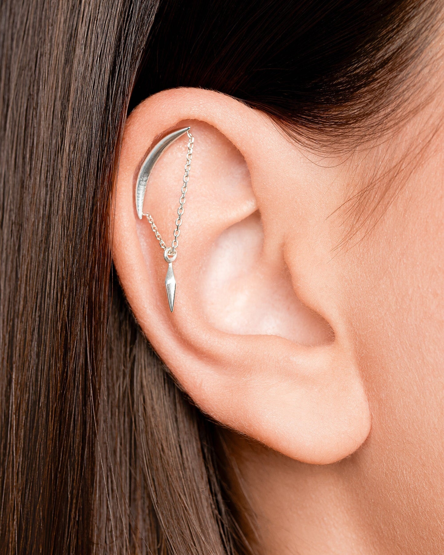 Top Helix Chain Piercing • Hanging Pendulum Helix Earring • Crescent Moon Cartilage Earring • 18G 16G • Silver Hidden Helix - CRT012