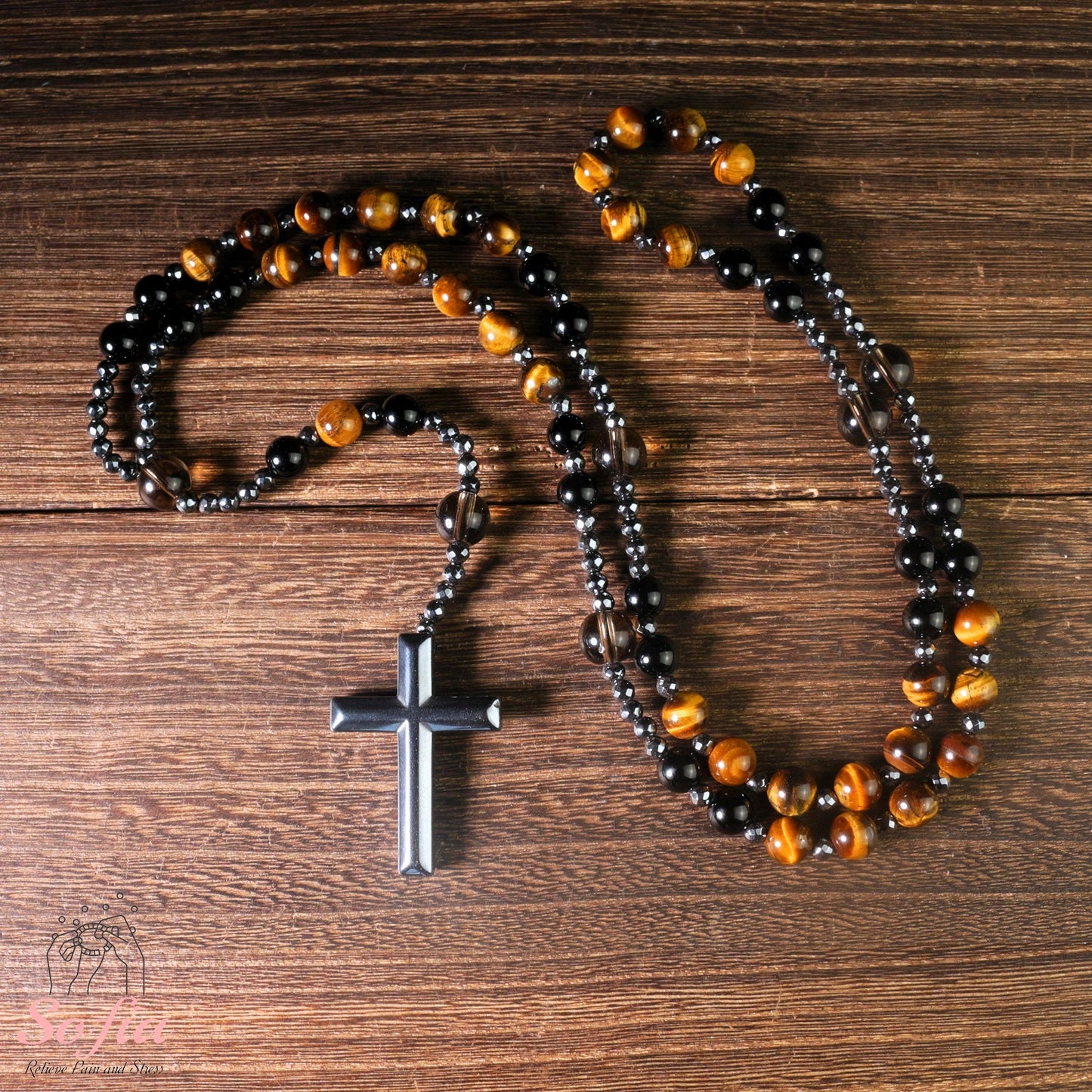 Natural Obsidian Tiger's Eye Rosary Necklace - Hematite Stone Cross Pendant Necklace Protection Necklace Amulet Gift for her, gift for him