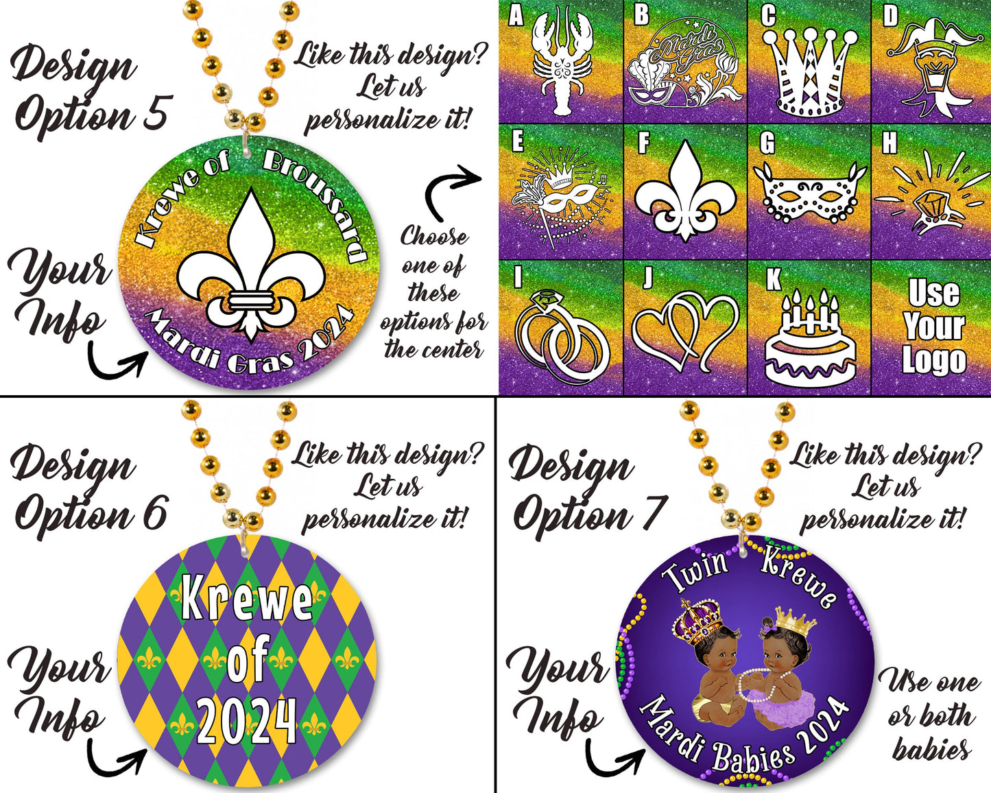 SINGLE-SIDED Mardi Gras Necklace Medallions - Customized with Full Color artwork (use a pre-made design or send in your own). Bulk packs.