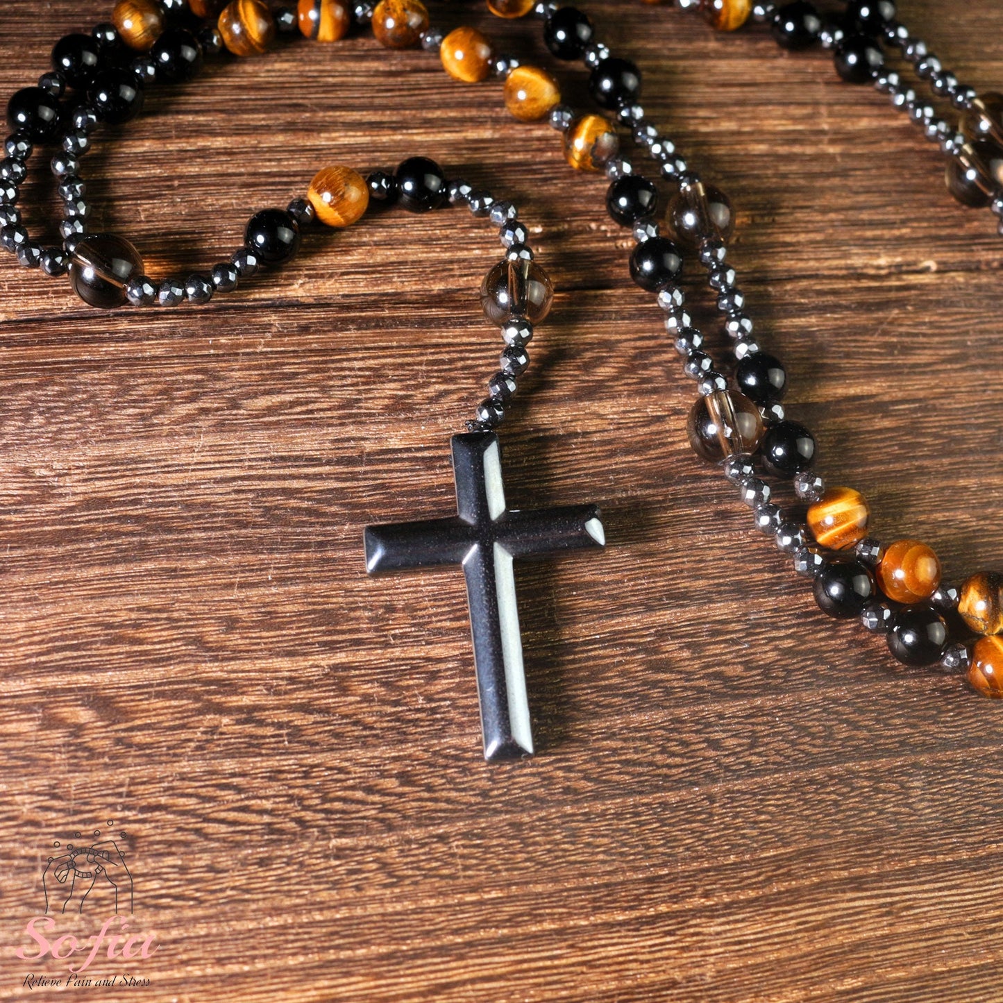 Natural Obsidian Tiger's Eye Rosary Necklace - Hematite Stone Cross Pendant Necklace Protection Necklace Amulet Gift for her, gift for him