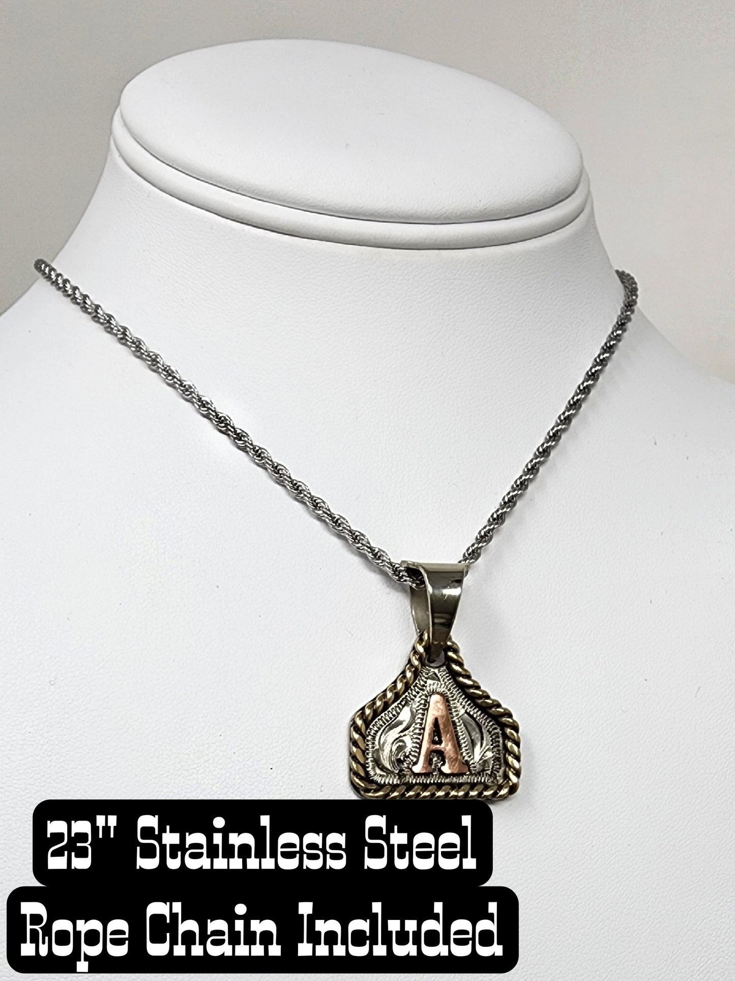 Cow Tag Necklace Handmade Personalized Initial Necklace, Handcrafted. Small Model. Comes with a 23" Stainless Steel Chain.