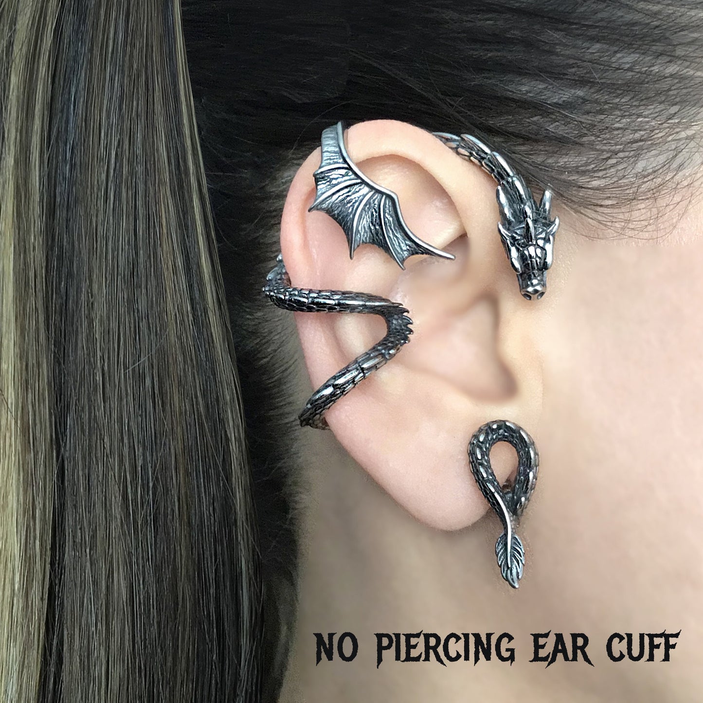 NO PIERCING Dragon cuff with large wing in Gold Dragon earrings, Dragon ear cuff, Black Dragon, Dragon ear wrap