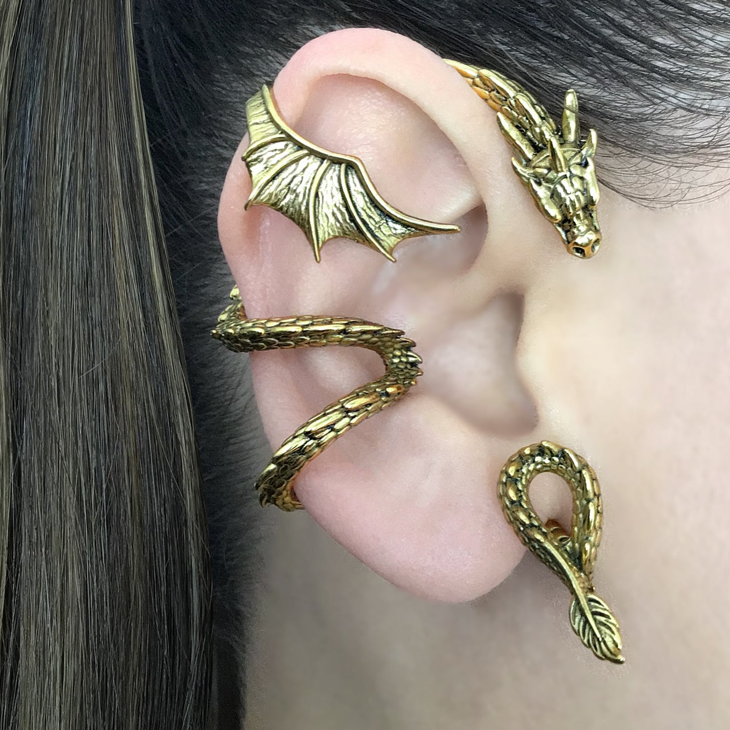 NO PIERCING Dragon cuff with large wing in Gold Dragon earrings, Dragon ear cuff, Black Dragon, Dragon ear wrap