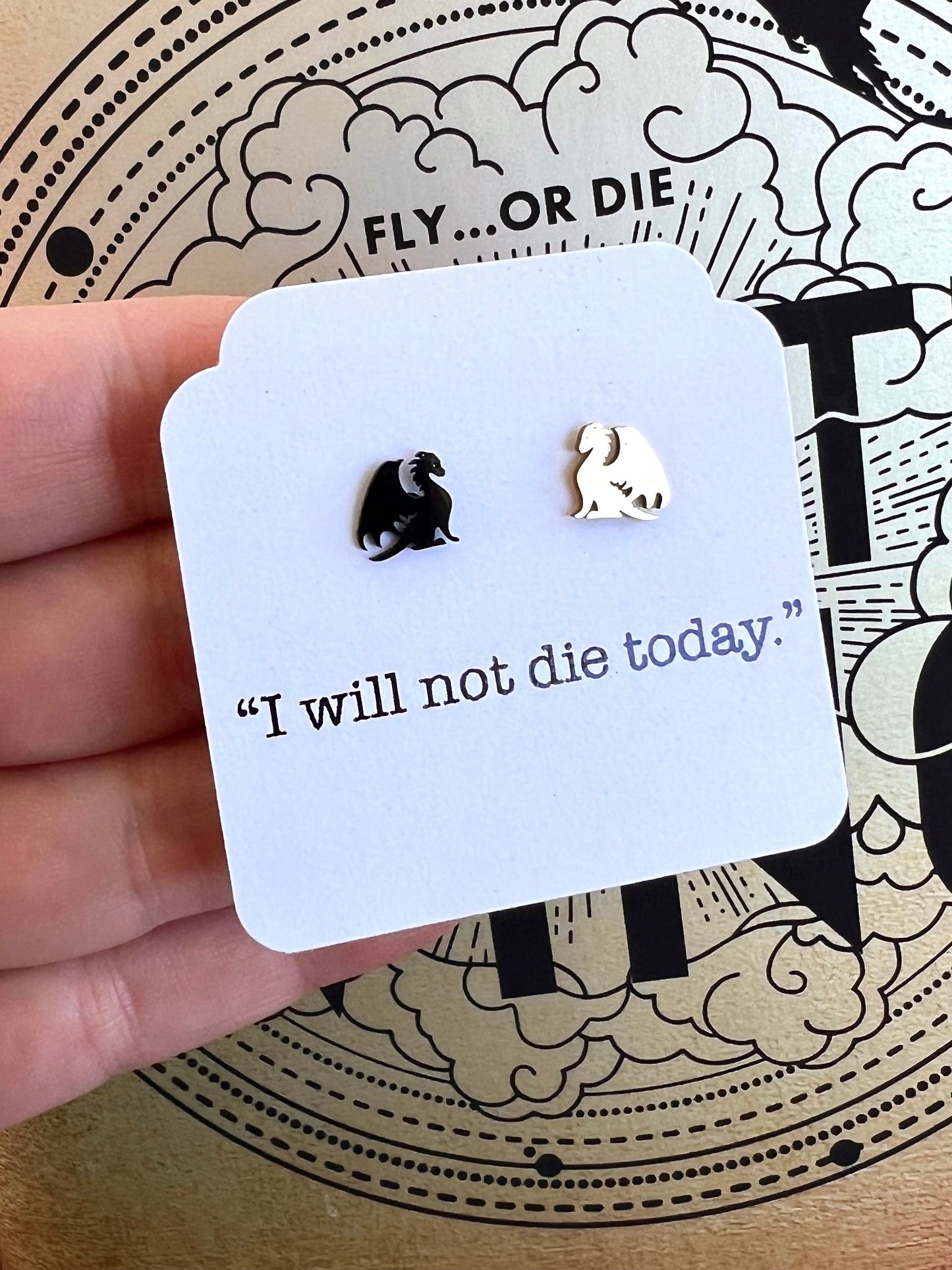 I Will Not Die Today Gold and Black Dragon Stud Earrings, Hypoallergenic Stainless Steel Jewelry, Romantasy Book, Dragon Rider