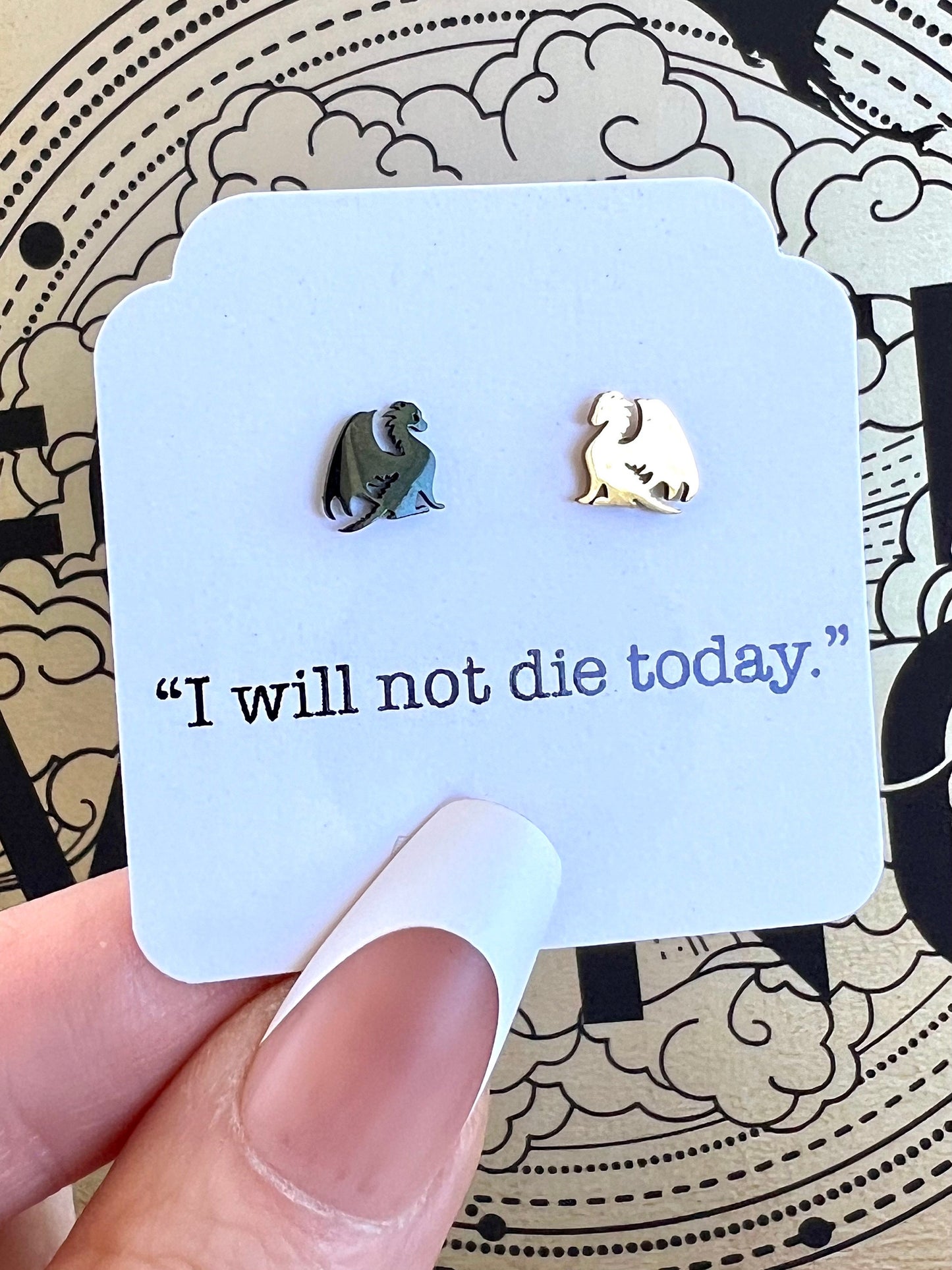 I Will Not Die Today Gold and Black Dragon Stud Earrings, Hypoallergenic Stainless Steel Jewelry, Romantasy Book, Dragon Rider