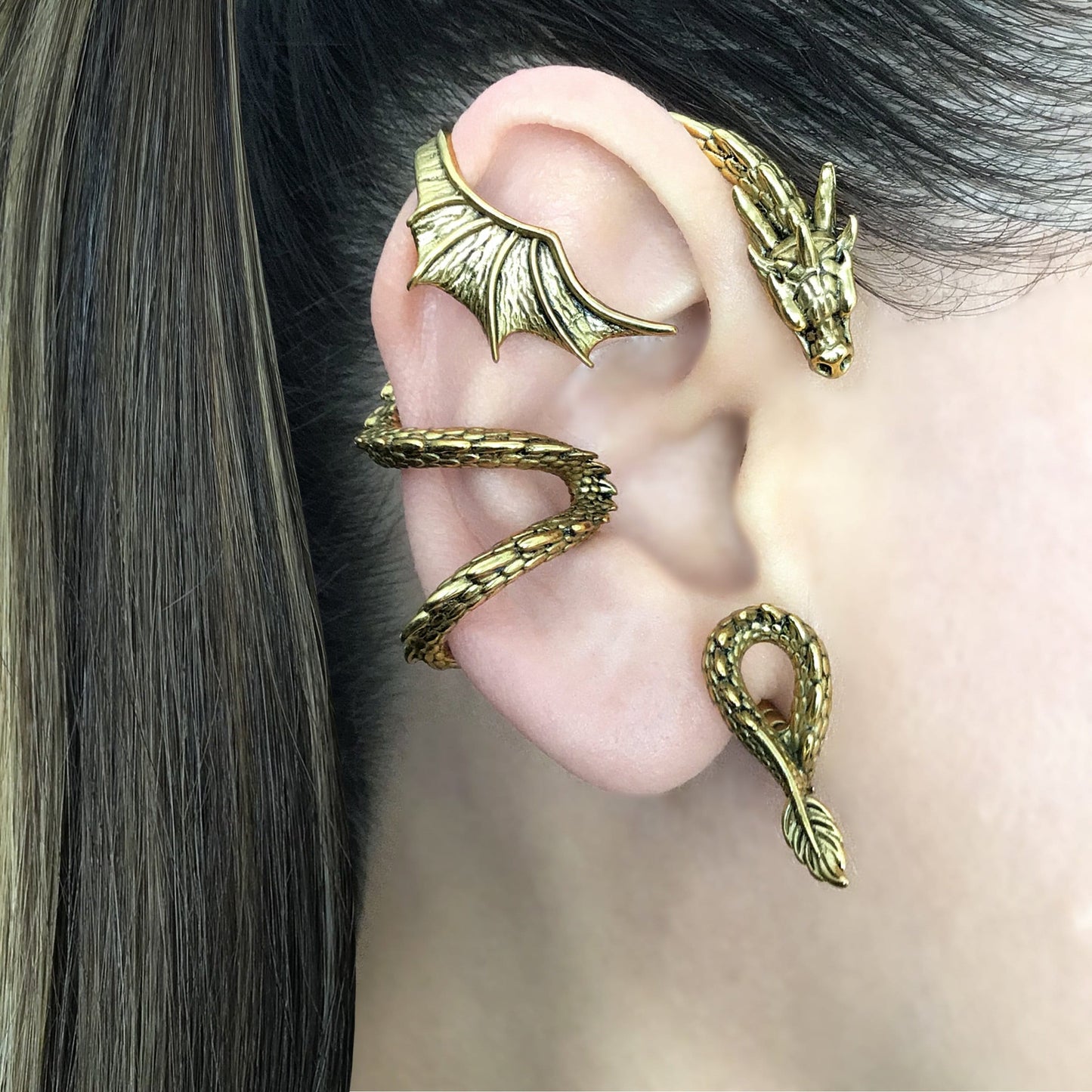 NO PIERCING Dragon cuff with large wing in Gold Dragon earrings, Dragon ear cuff, Black Dragon, Dragon ear wrap