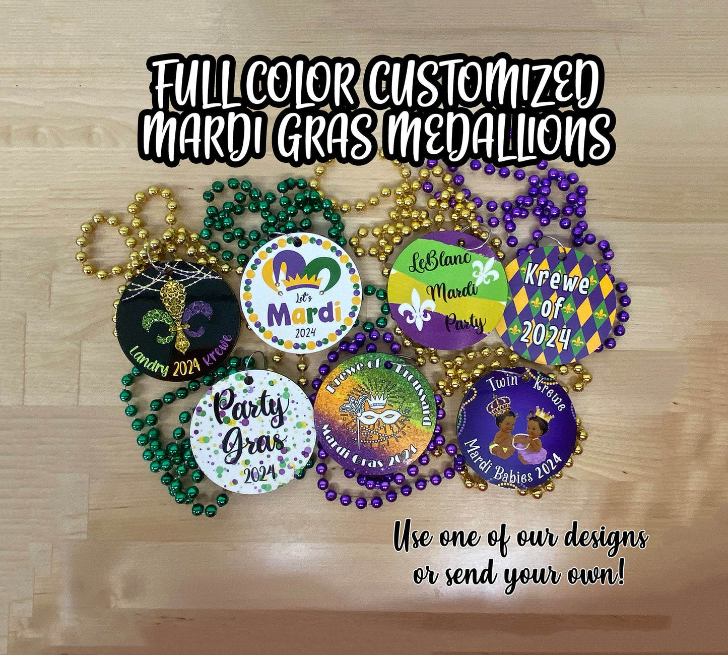 SINGLE-SIDED Mardi Gras Necklace Medallions - Customized with Full Color artwork (use a pre-made design or send in your own). Bulk packs.
