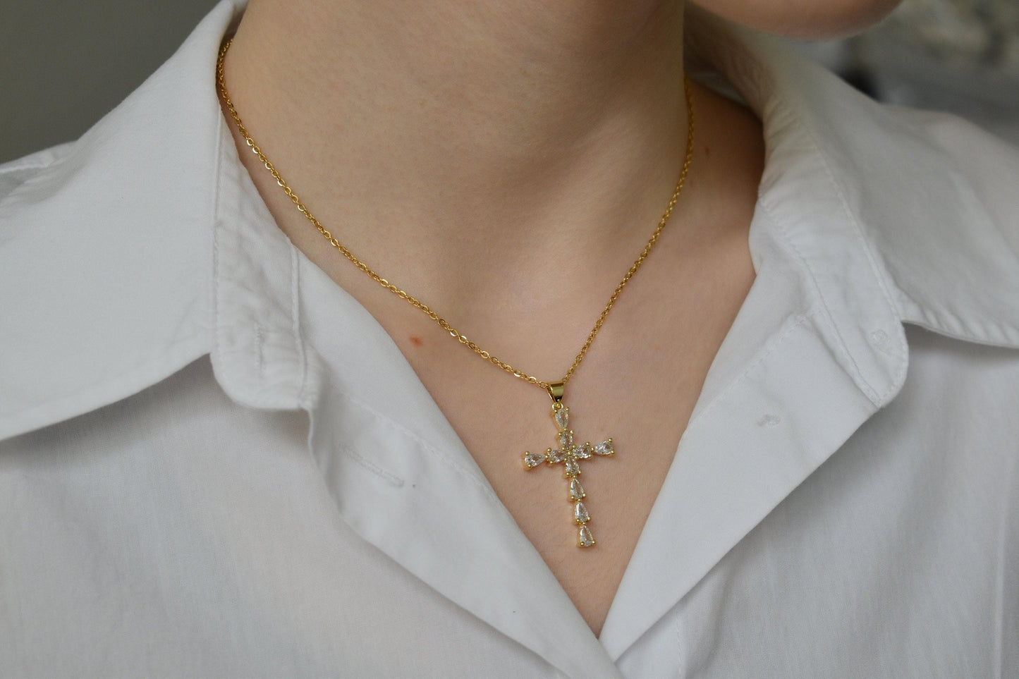 Gold Filled Cross Necklace Gold Religious Cross Charm Unisex Women Men Necklace Pray Christian Faith Pendant WATERPROOF Everyday Jewelry