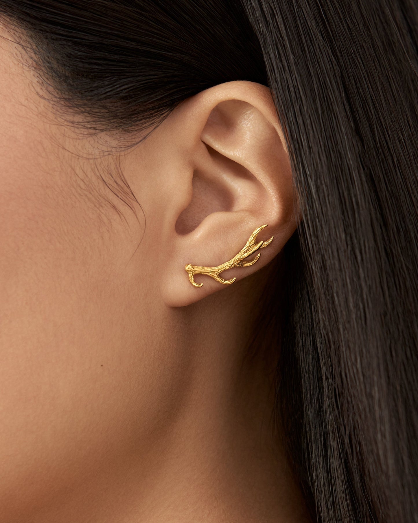 Golden Horns Ear Cuff Earrings • Deer Sterling Silver Ear Crawler • Gypsy Antler Earpin Earring • Boho 925 Jewelry Gift - FES006