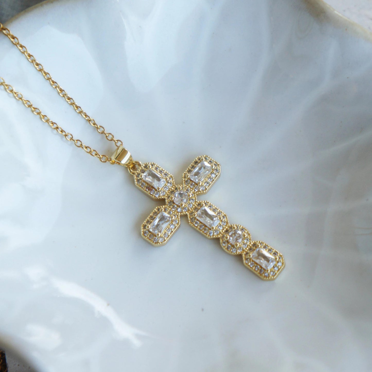 Large Victorian Gold Crystal Cross Necklace, Antiqued Style Jewelry, Statement Piece, Religious Pendant, Elegant Gift for Her