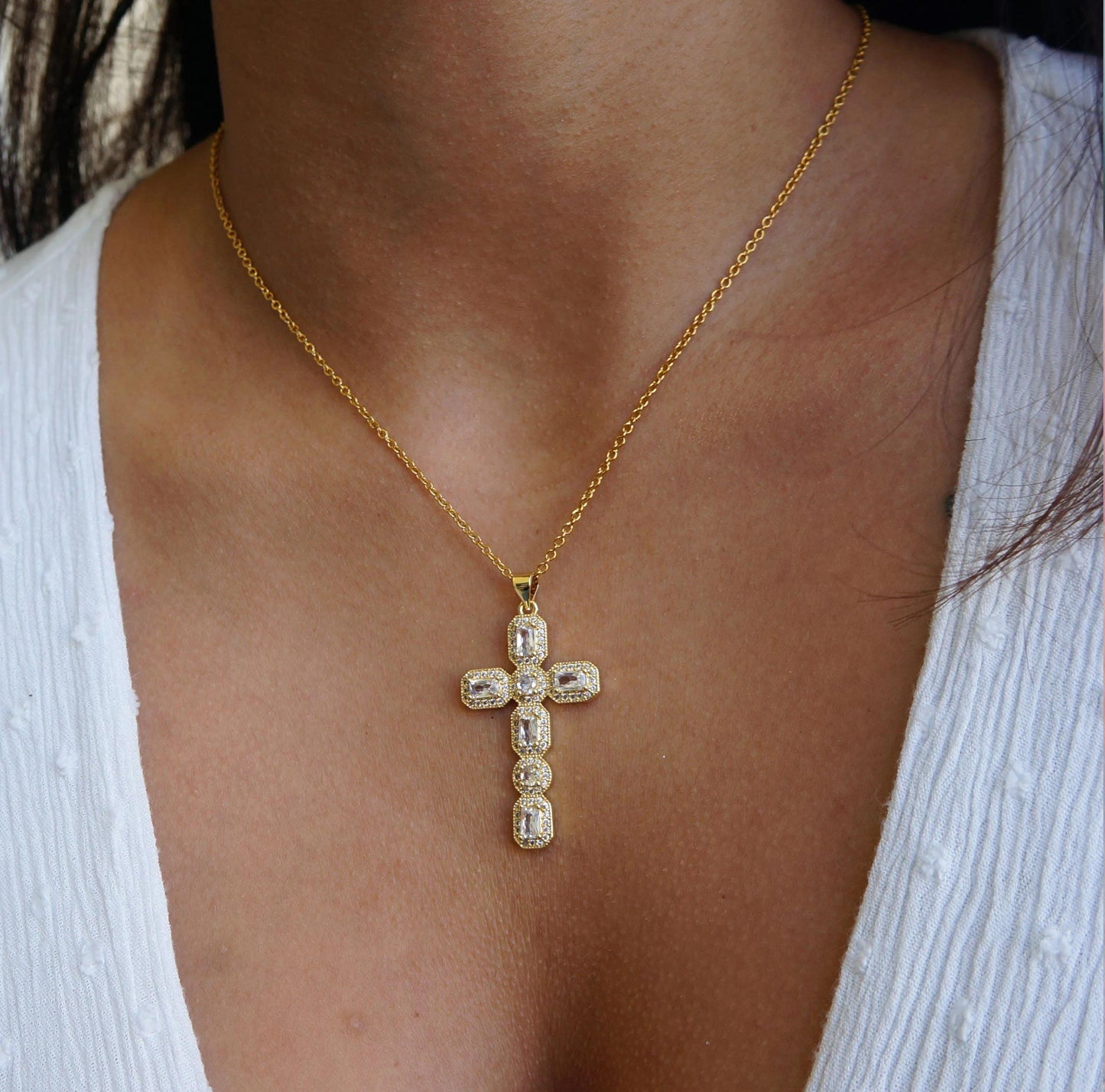 Large Victorian Gold Crystal Cross Necklace, Antiqued Style Jewelry, Statement Piece, Religious Pendant, Elegant Gift for Her