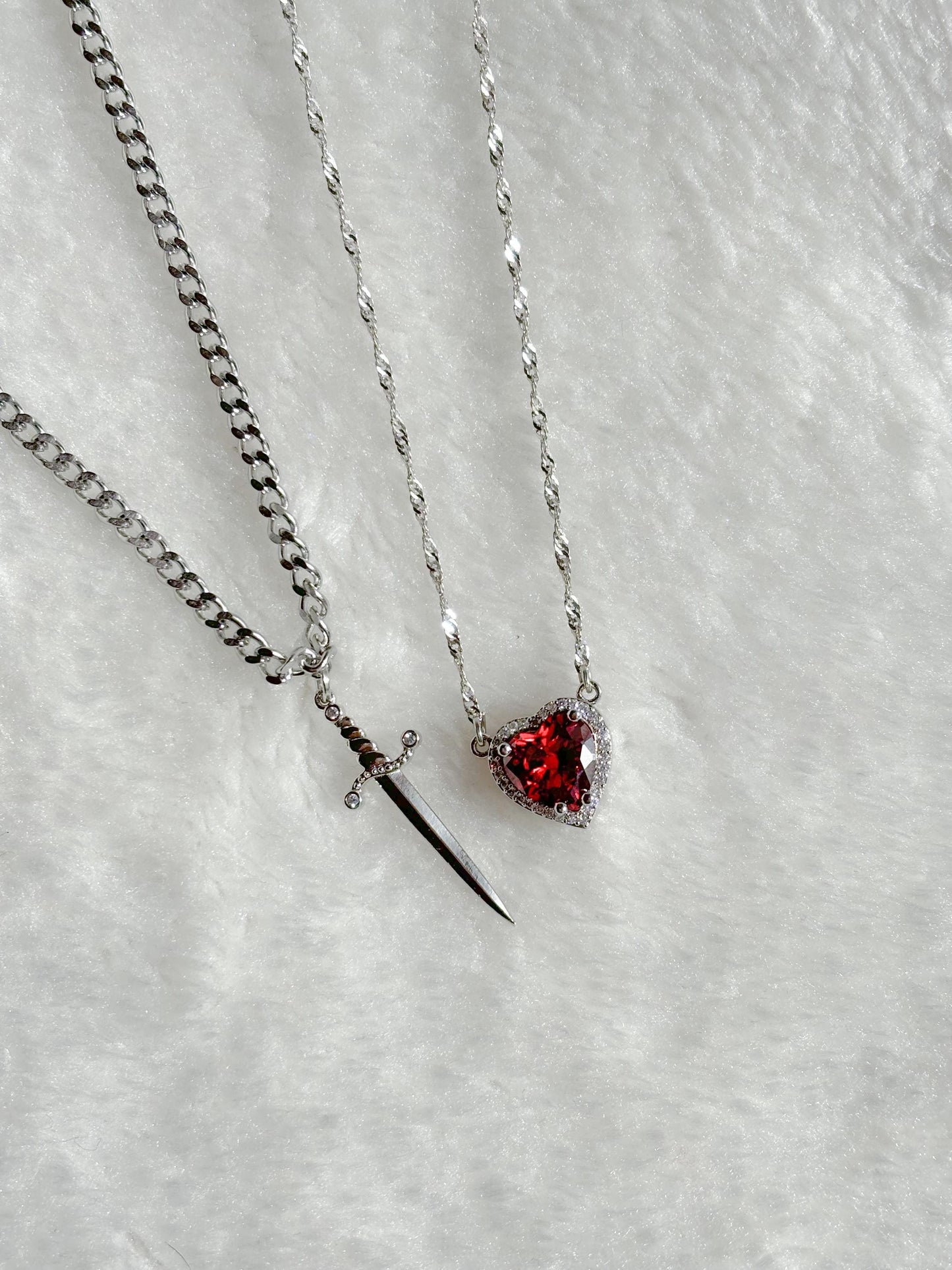 Heart and Sword Necklace - Couple Necklaces - 2pcs Necklace - Silver Plated