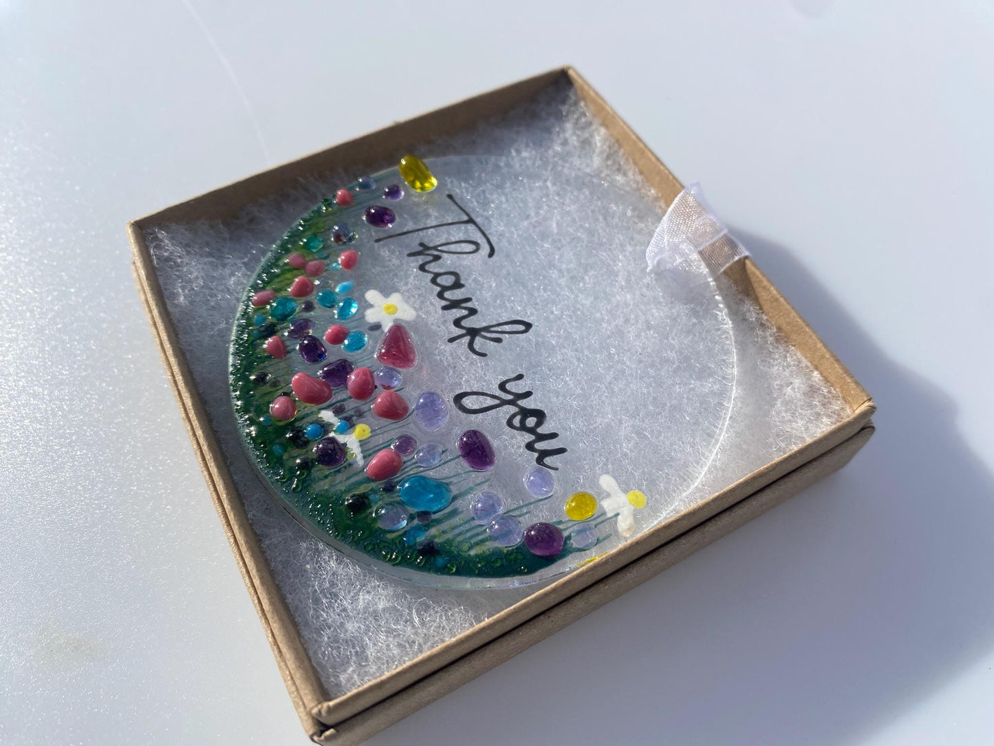 Thank You Wildflower Fused Glass Suncatcher Hanging Decoration, ideal for Unique Thank You Gift, Wedding, Bridesmaid, Friend, Teacher