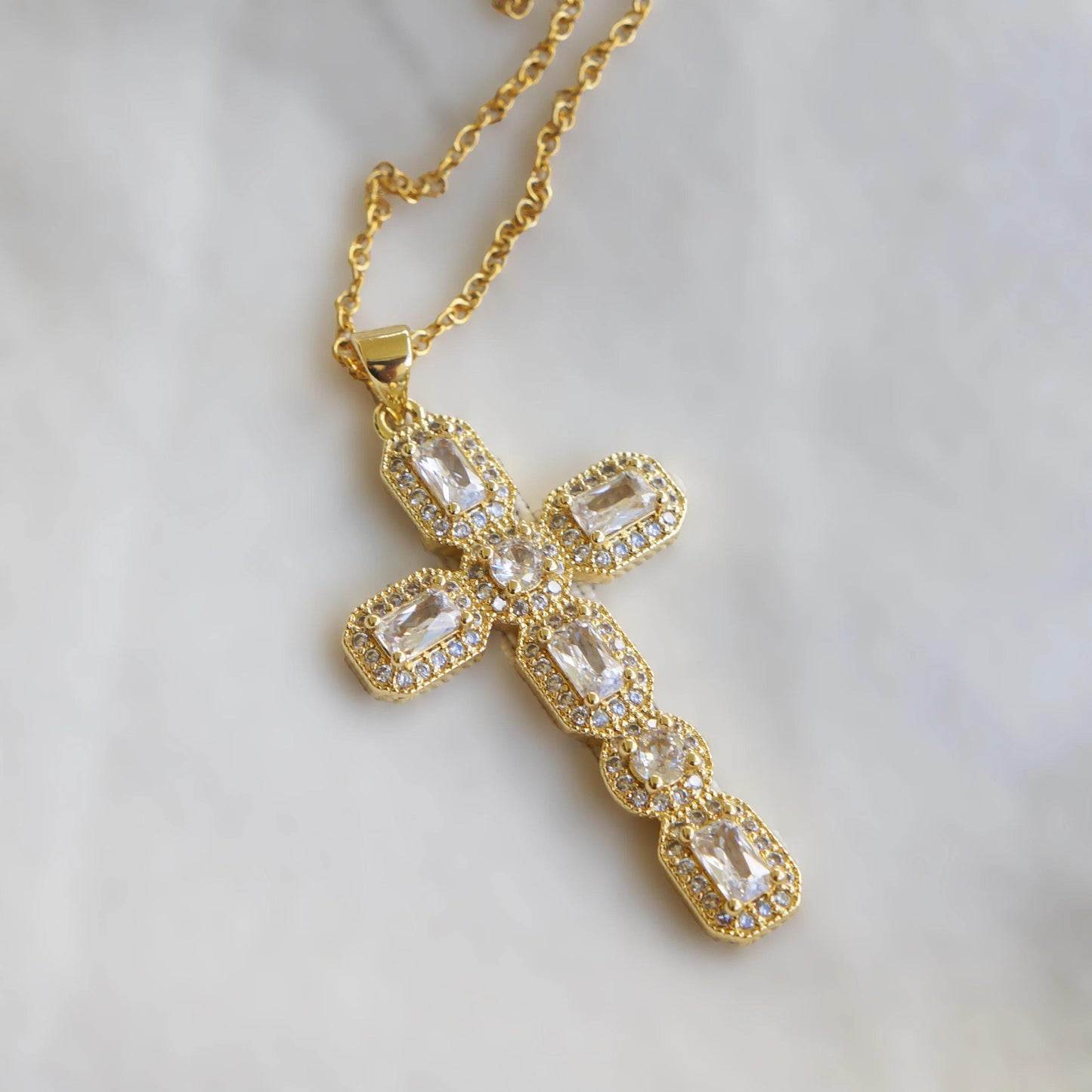 Large Victorian Gold Crystal Cross Necklace, Antiqued Style Jewelry, Statement Piece, Religious Pendant, Elegant Gift for Her