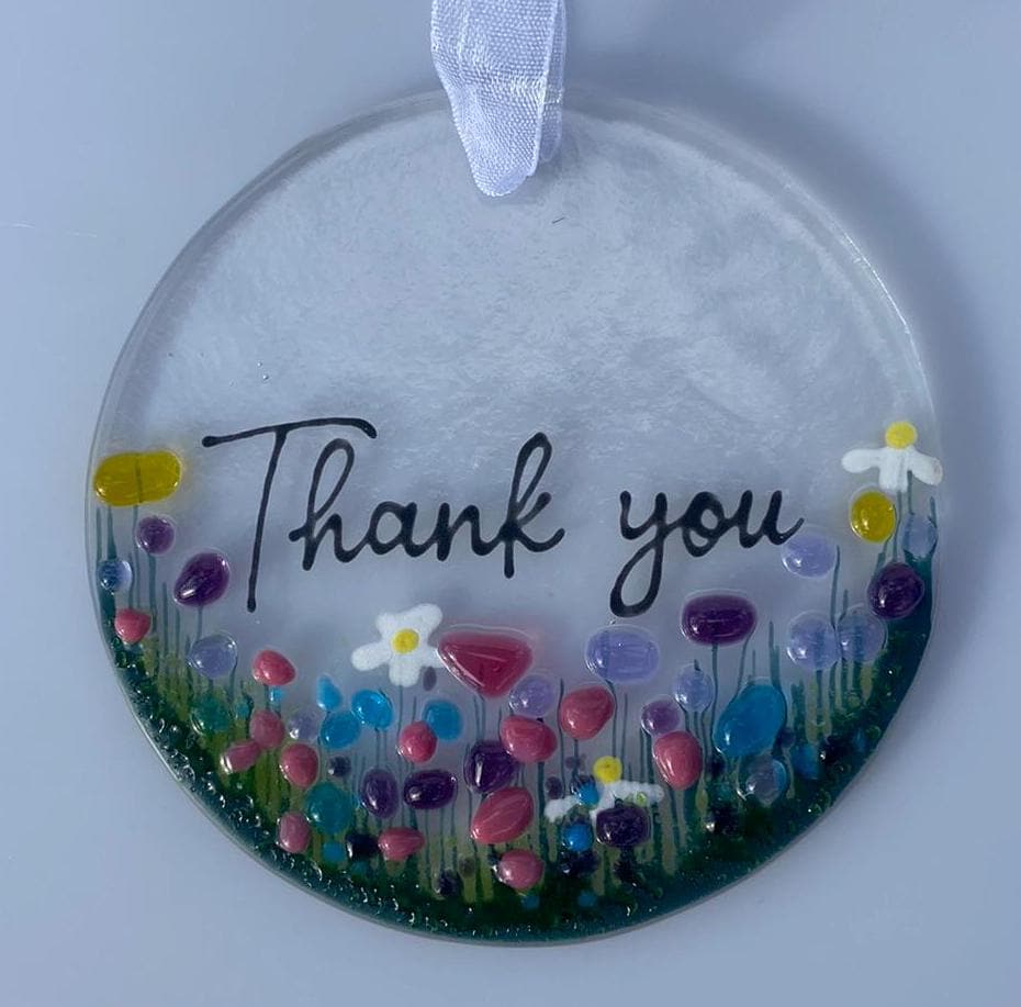 Thank You Wildflower Fused Glass Suncatcher Hanging Decoration, ideal for Unique Thank You Gift, Wedding, Bridesmaid, Friend, Teacher